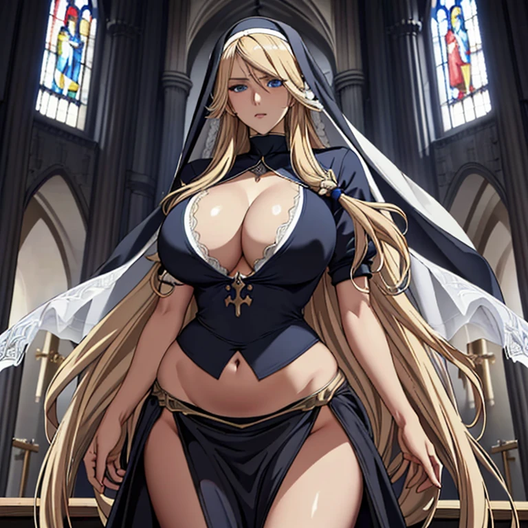 (highest quality),(masterpiece),
({Alicia, Dynamic pose:1.5},(alone),blue eyes,Blonde Hair ,Very long hair, Hair between the eyes,Straight hair),
(Huge breasts, Cleavage, belly button),
(Veil,black nun uniform, double slit pelvis curtain, Chest Curtain),
(church, hole),