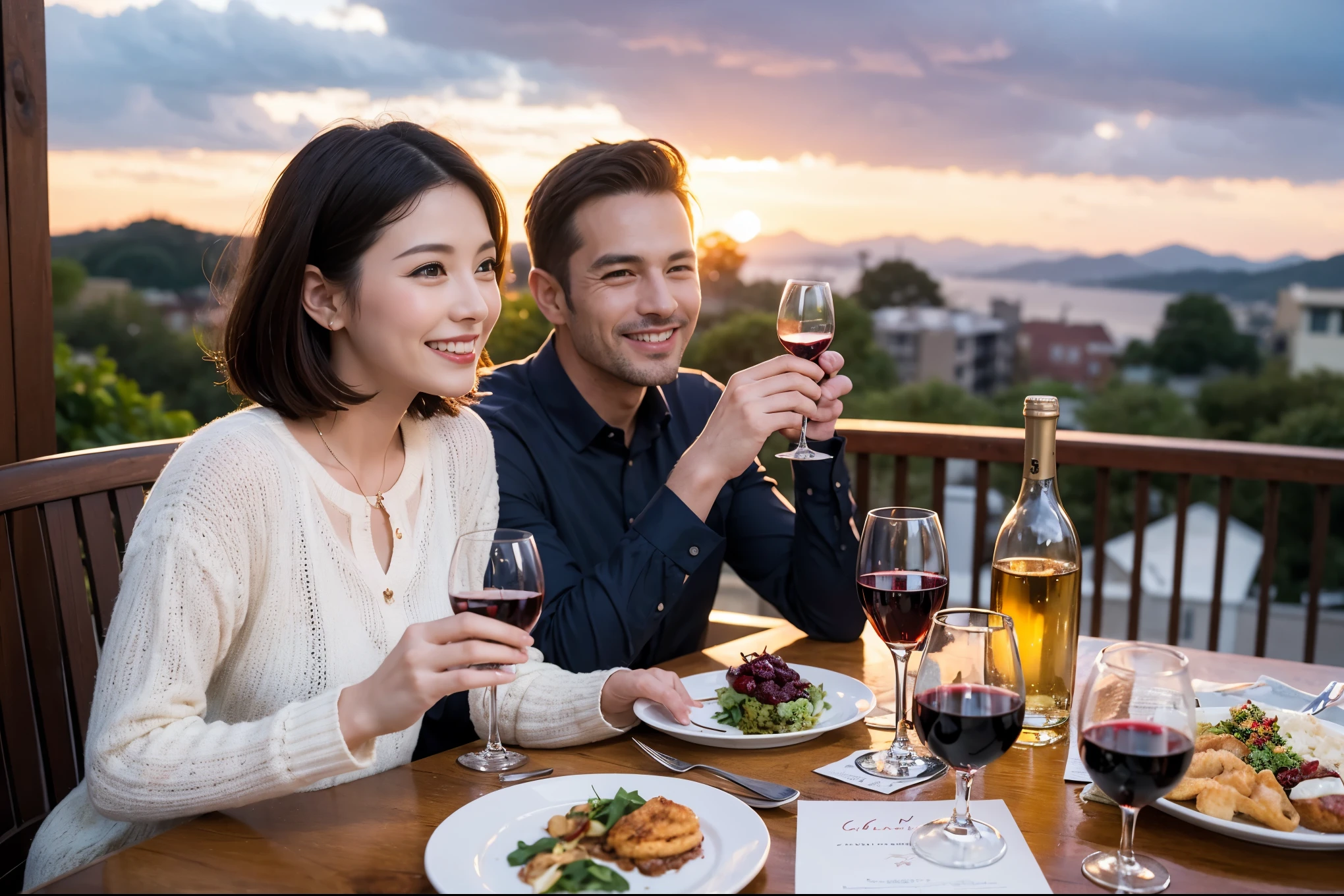 ((highest quality、8k、masterpiece:1.3))、 (Genuineistic, Genuine、Bright image、Intricate details:1.2), Best smile 1 man 1 woman、Beautiful Couple、spouse、Couple、family、Beautiful Couple、Smile、full-course dinner、 (Slim face), (The body is slim), (Brown Hair), (short hair), テーブルの上のwine glass、Please shine a light on my face、 Amazing view of the sunset sky and clouds、 (Age 44), 41 years old, red wine 、Appetizers、Wine bottle、sparkling wine、Long sleeve shirt、dress、White wine, red wine, wine glass,