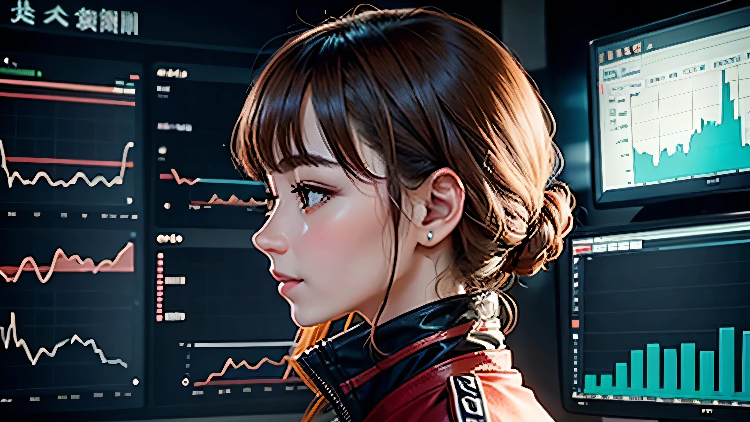 In the background, a full-screen exchange chart、Profile of a smiling woman、Woman on background of candlestick line graph chart、The background is a waveform FX chart、In the background, a full-screen exchange chart