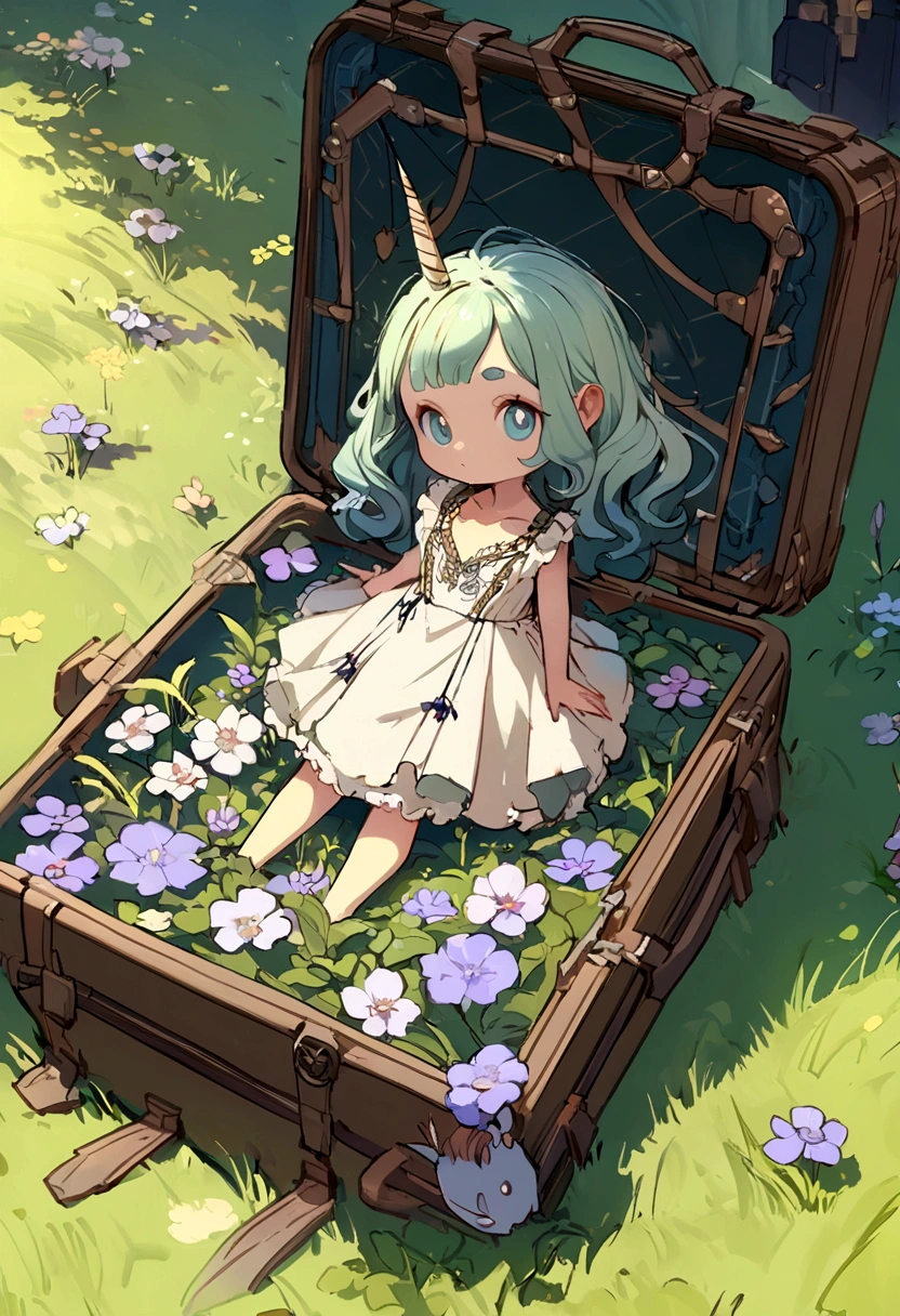 A cute chibi style unicorn drawing，With a bow，Surrounded by beautiful flowers on the grass, Concept art in 8K resolution [Style-Sylvamagic],( intricate details:1.2), beautiful eyes, sunshine, (high quality:1.2), Popular content on artstation, 8K, case, (close up:1.1), estilo-nebmagic,