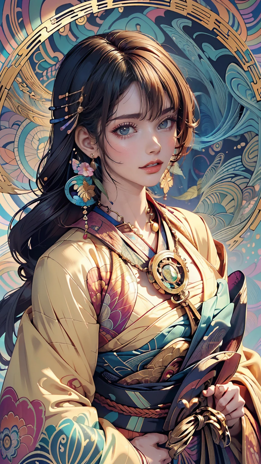 (masterpiece, highest quality, highest quality, Official Art, beautifully、aesthetic:1.2), (One girl:1.3), Very detailed,(Fractal Art:1.1),(colorful:1.1),Most detailed,(Zentangle:1.2), (Dynamic pose), (Abstract background:1.5), (Japanese clothing:1.2), (Shiny skin), (Many colors:1.4), ,(Earrings:1.4),