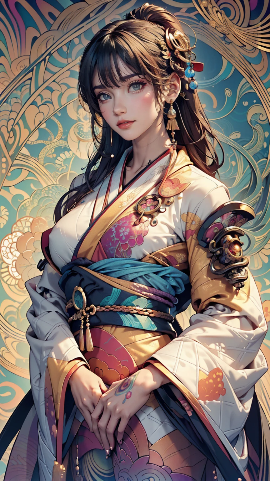 (masterpiece, highest quality, highest quality, Official Art, beautifully、aesthetic:1.2), (One girl:1.3), Very detailed,(Fractal Art:1.1),(colorful:1.1),Most detailed,(Zentangle:1.2), (Dynamic pose), (Abstract background:1.5), (Japanese clothing:1.2), (Shiny skin), (Many colors:1.4), ,(Earrings:1.4),