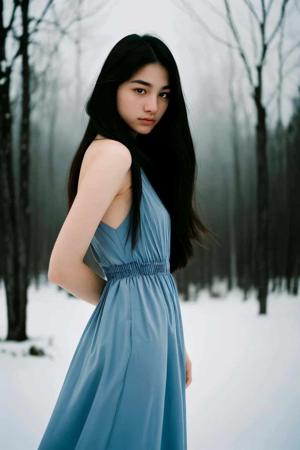 (Highly detailed and realistic graphics), (Best angle shot), (Natural Lighting),
Photo of a 19-year-old Asian girl, Get in good shape, Pale skin, Beautiful looks,Young and elegant, long Black hair, Calm attitude,
She used a ((Black)) Renaissance dresses, She holds a lantern in her hand, Standing in the misty blue atmosphere, Dead Oak,
Contrast and delicate interplay of light and shadow, Depth of Field, Dark background in the distance,snow,