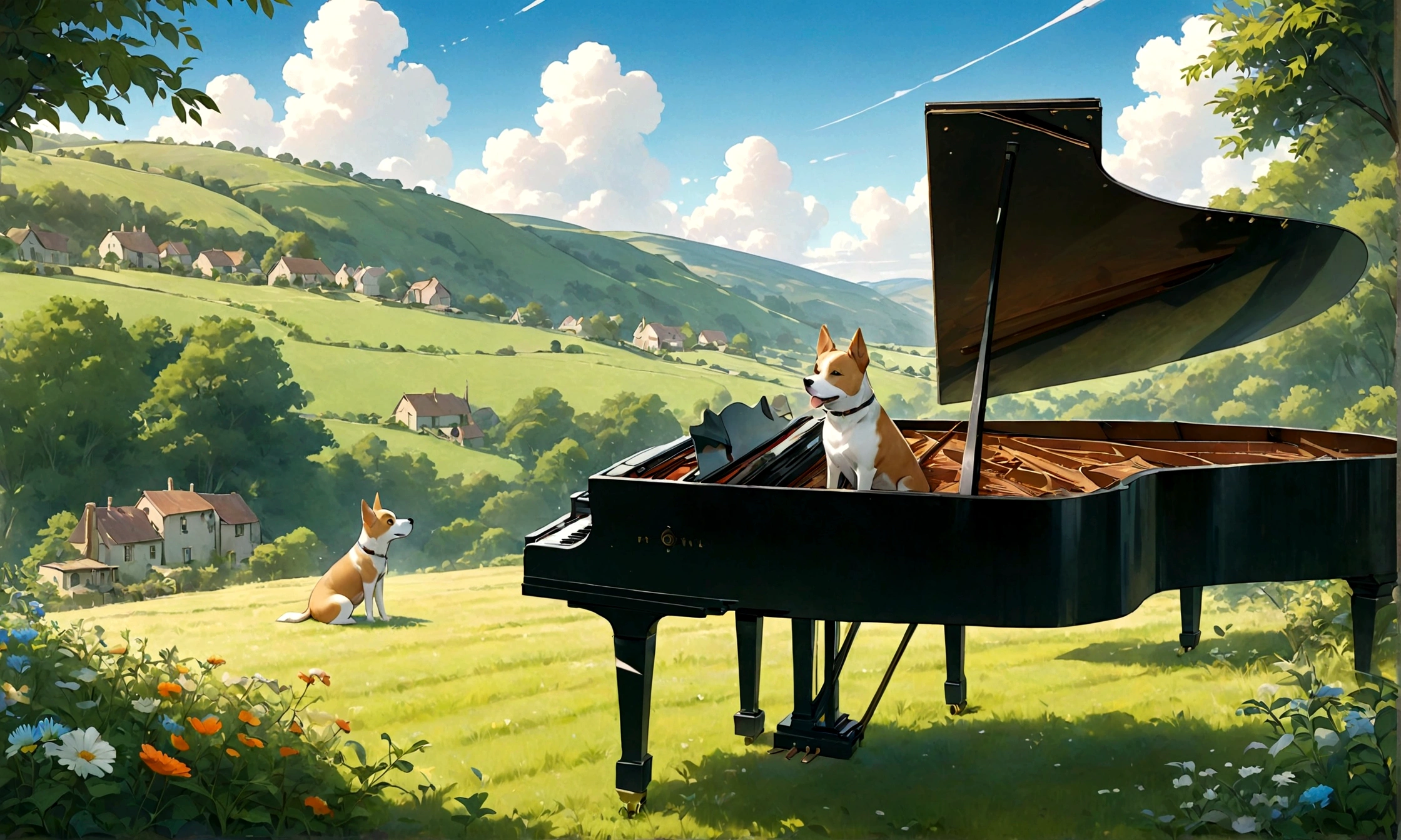Create an image in a Studio Ghibli-inspired style featuring a dog sitting on a chair and playing a grand piano in a countryside setting. A human is nearby, listening to the music and visibly relaxing. The scene should include charming rural elements such as rolling hills, a clear blue sky, and lush greenery, evoking a sense of peacefulness and natural beauty. The overall atmosphere should be whimsical and serene, capturing a moment of happiness and tranquility.