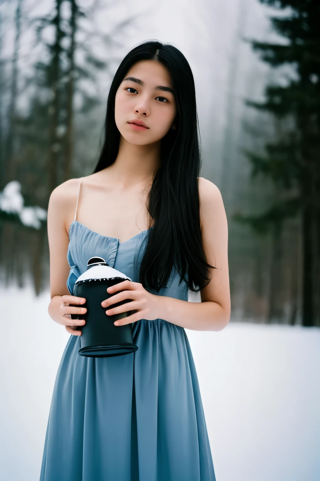 (Highly detailed and realistic graphics), (Best angle shot), (Natural Lighting),
Photo of a 19-year-old Asian girl, Get in good shape, Pale skin, Beautiful looks,Young and elegant, long Black hair, Calm attitude,
She used a ((Black)) Renaissance dresses, She holds a lantern in her hand, Standing in the misty blue atmosphere, Dead Oak,
Contrast and delicate interplay of light and shadow, Depth of Field, Dark background in the distance,snow,