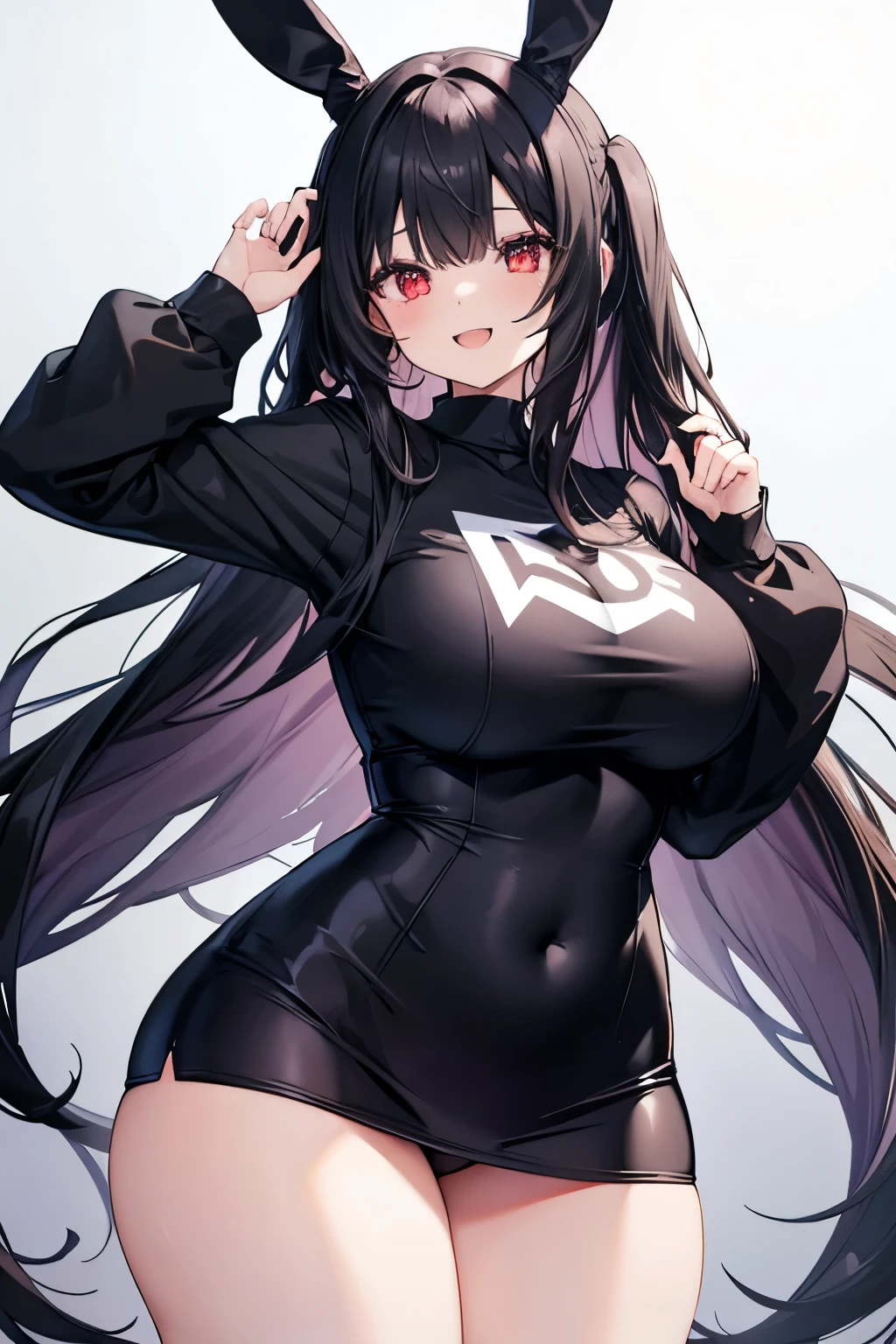 high quality, no errors, anime style, solo, 1 girl, bunny girl, long black bunny ears, black bunny tail, big incisor teeth showing, long black hair, red eyes, huge breasts, big fat ass, very thighs thick, wearing casual clothes, smiling