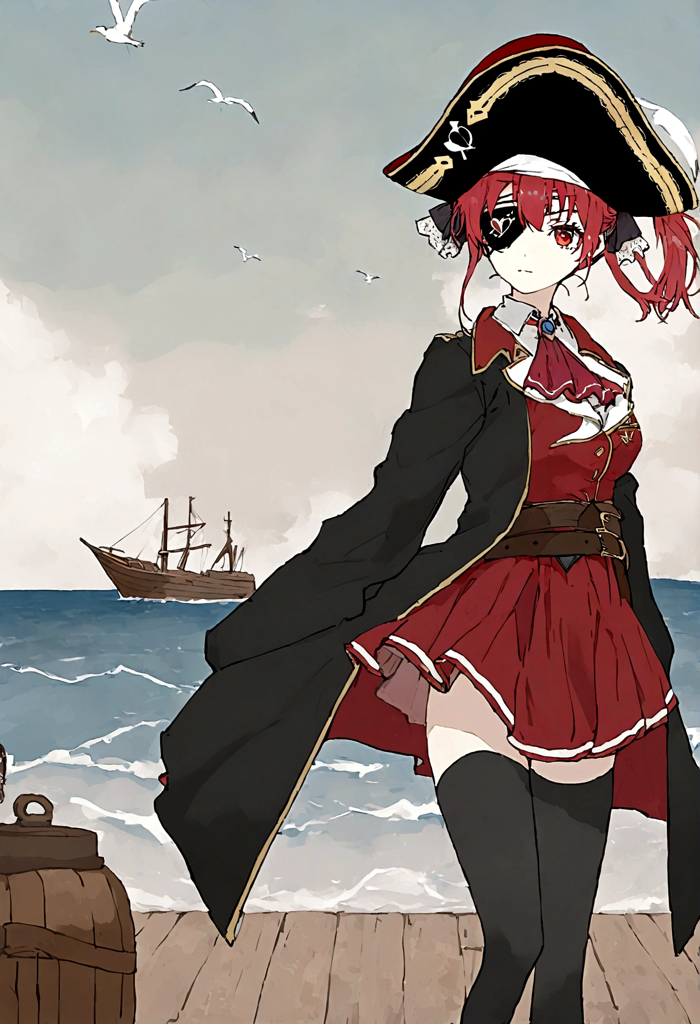 hair ribbon, red ascot, red skirt, belt, leotard under clothes, black leotard, black thighhighs, black coat, pirate hat, eyepatch, red eyes, long shot, Boatの上, Ocean, Seagull, Boat , 航Ocean