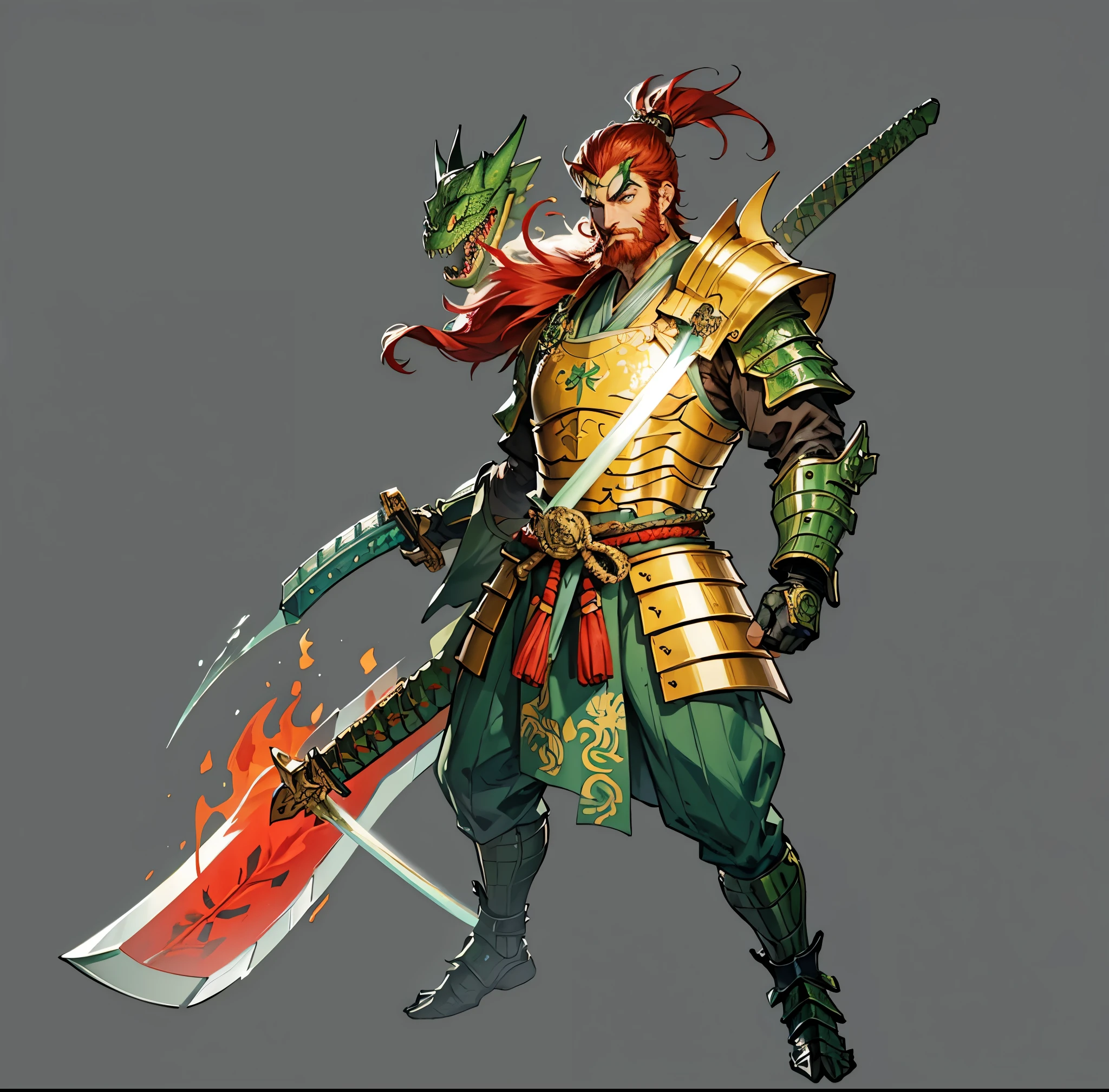 whole body,Green Lizard Man,Green Skin,Scale covering,Golden samurai armor,Japanese Samurai Style,Green crocodile head,Long red beard,Red long eyebrows,Red long-handled sword