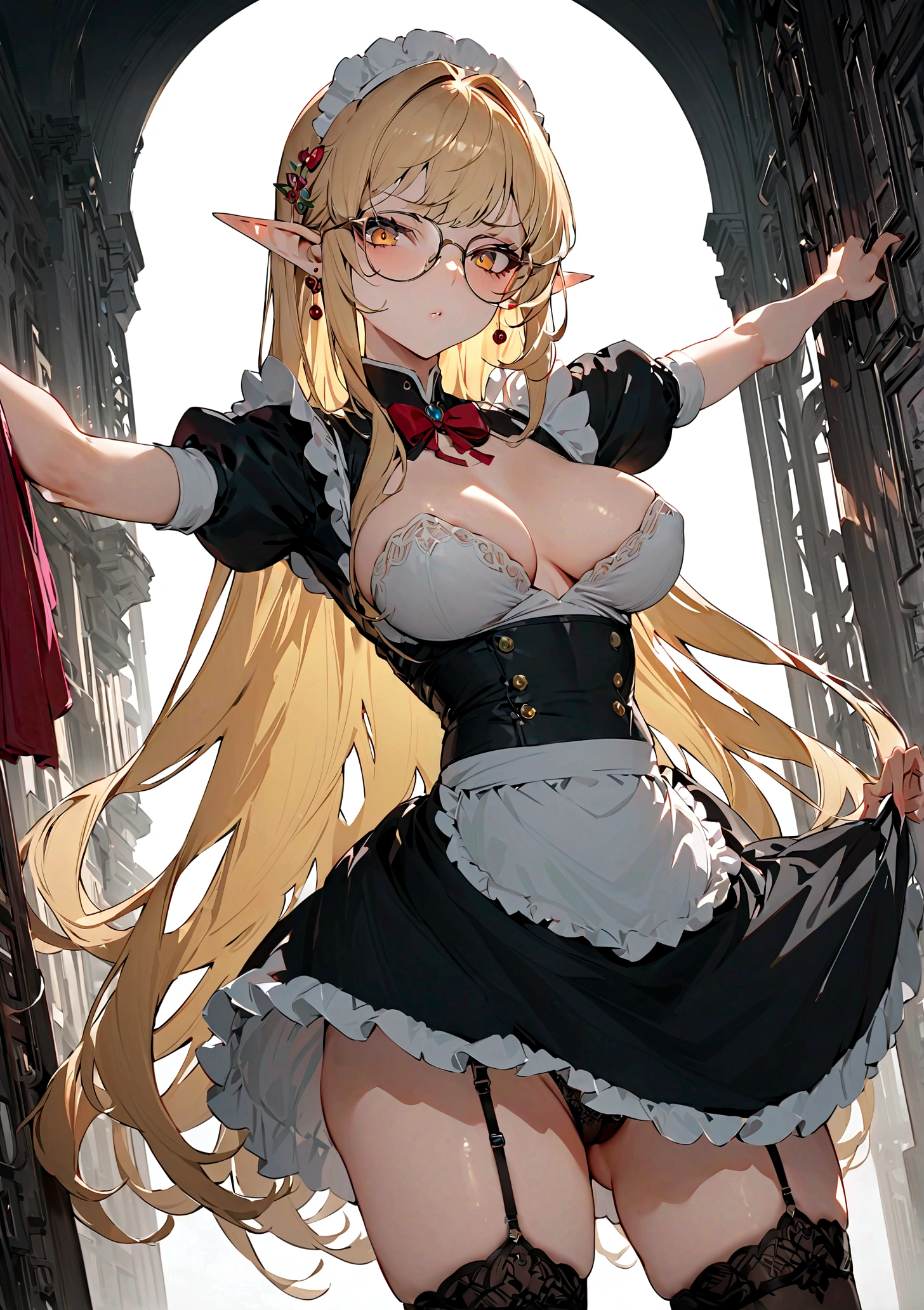 (Disdainful look:1.2),1girl,glasses,maid,elf,yellow eyes,disdain,evil,garters,large breasts,pointy ears,looking at viewer,long hair,blonde hair,expressive hair,clothes lift,best quality,Amazing,masterpiece,delicate,ultra high res,ultra detailed,8K,sharp focus,Lift up your skirt,Expose,Expression of disdain,I want you to show me your underwear with a disgusted look on your face