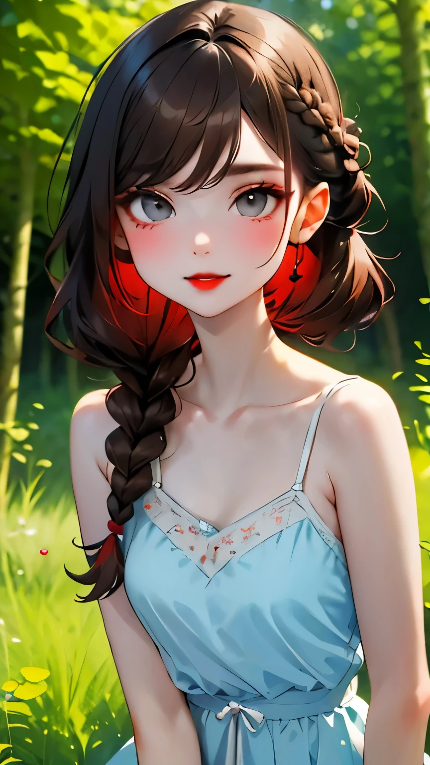 highest quality、masterpiece、Perfect Anatomy、Upper body from the knee up、One Girl、Cute Face、Red eyeshadow、Red lipstick、Red cheeks and nose、White skin、Grey Eyes、Brown Hair、Braided Hair、Highly detailed hairstyle、Camisole dress、Light blue dress、Blurred Background、Forest bathing、Promenade、High quality details、Portrait