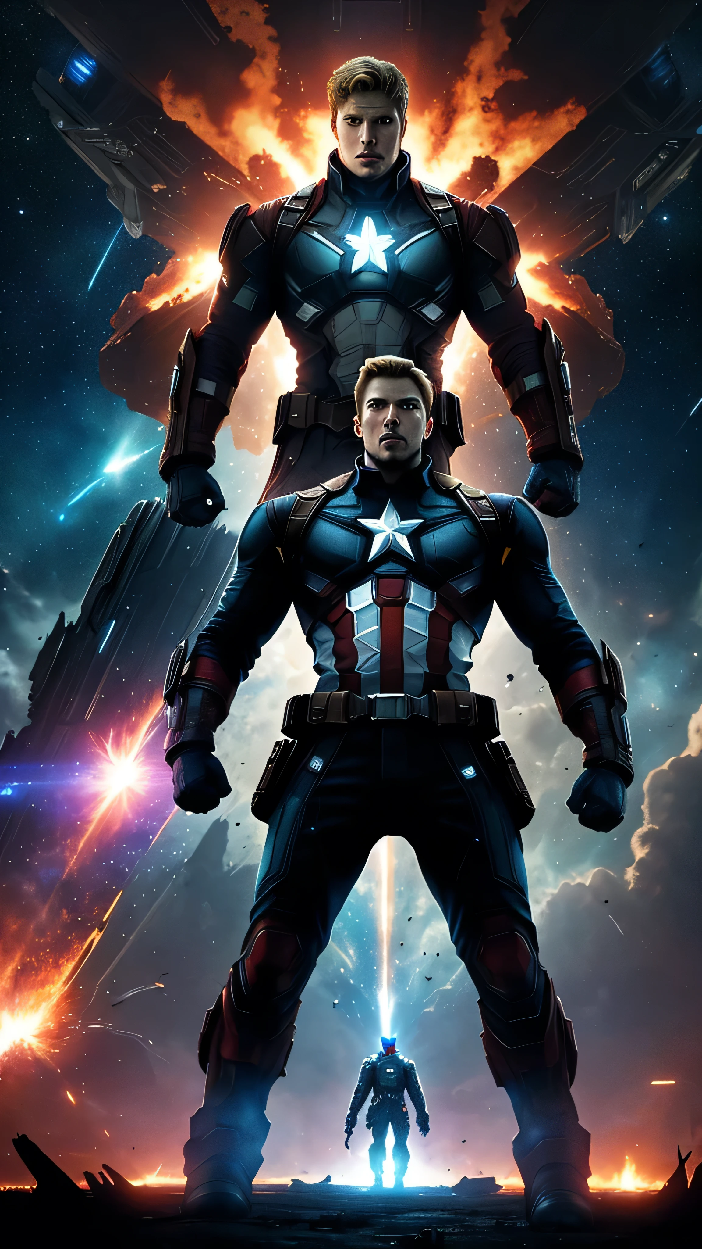 A captivating, cinematic scene ensues, as the iconic figure of Captain America emerges against the backdrop of an interstellar battlefield. The lingering embers of a devastating explosion cast an eerie, fiery glow across the screen, accentuating the hero's imposing presence. With his star-spangled shield held high and his patriotic shield emblem shining bright, he stands ready to join forces with the eccentric Guardians of the Galaxy team. Their futuristic spacecraft, the Benatar, looms ominously in the foreground, its sleek, metallic surface reflecting the chaotic flames in the distance. The scene is set for an epic, action