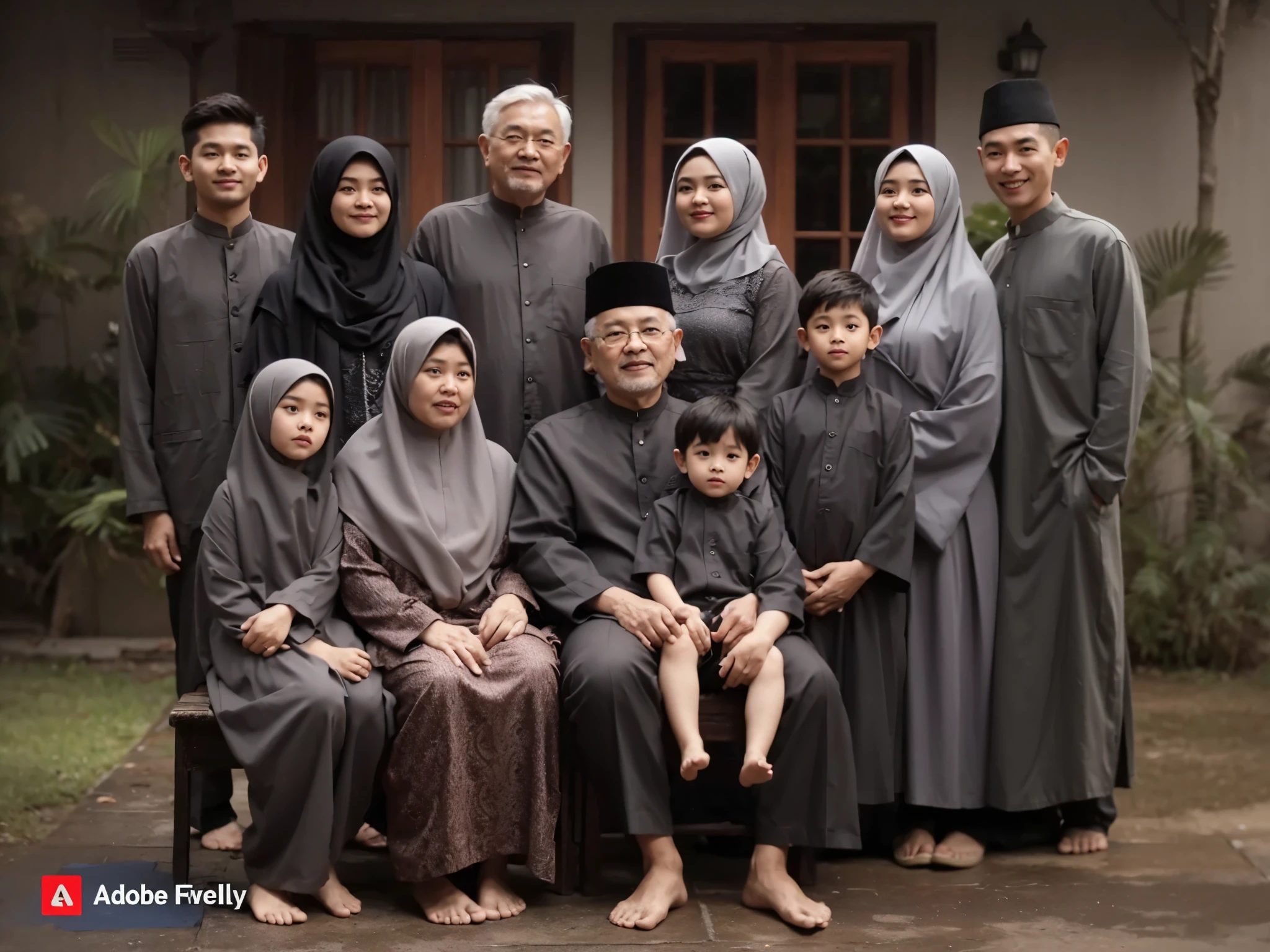Family photo in Indonesia, 11 members, grandparents aged 67 years, sitting on teak wood chairs, two boys aged 6 and 4 years old, and one girl aged 9 years old sitting in the front, three men and three adult women standing behind (the men are somewhat chubby). They are all wearing matching dark gray Muslim clothes and luxurious sharia abaya in the same color and coordination. Realistic photo, morning lighting, best photography results, front yard background, UHD, 32k