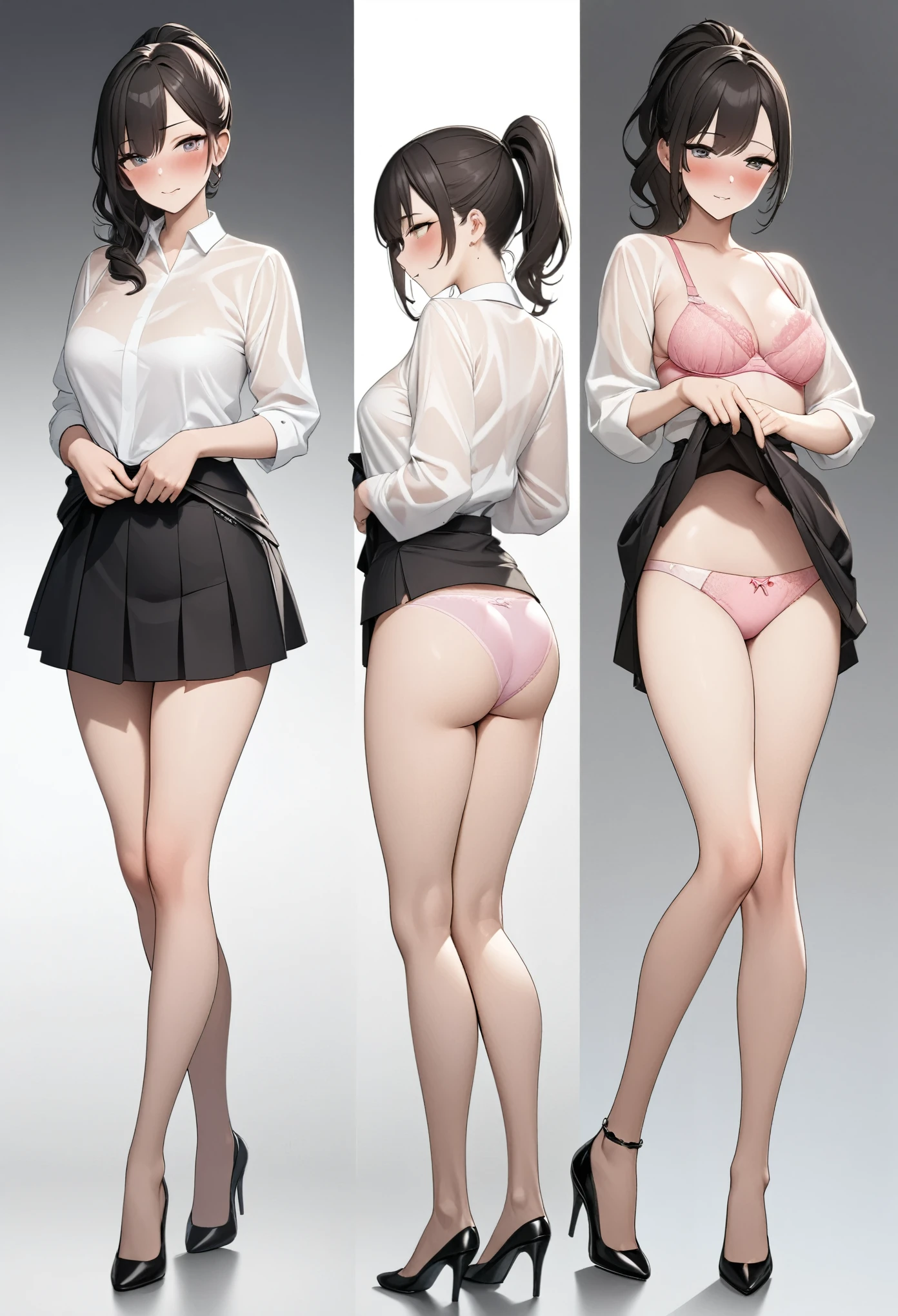 ((8K resolution))、((highest quality))、((masterpiece))、((Very detailed))、 (Anatomically correct)、((theme、whole body:1.1)), one person、girl、blush、Shy laugh、(Fair skin、glamorous),(hair:ponytail、黒hair),(Girls' 、See-through y-shirt、Short skirt)、(Pink Bra、Pink Panties、Skirt to be lifted)