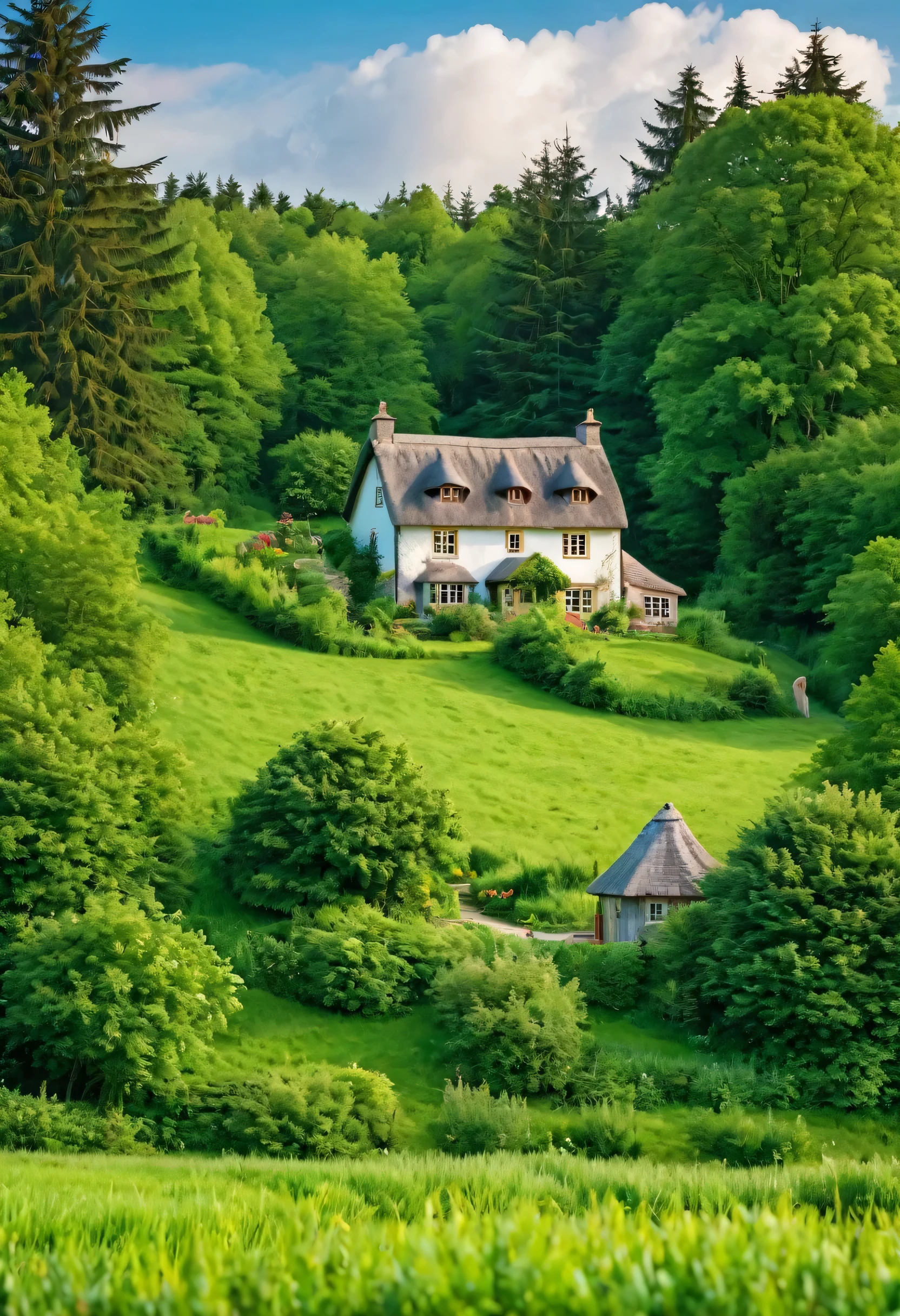 there is a small house in the middle of a field, beautiful place, cottagecore, stunning nature in background, idyllic cottage, lush countryside,  lush landscape, cottage, amidst of nature fully covered, cottage in the forest, setting in nature, really beautiful nature, lush scenic landscape, lush and green, house in forest