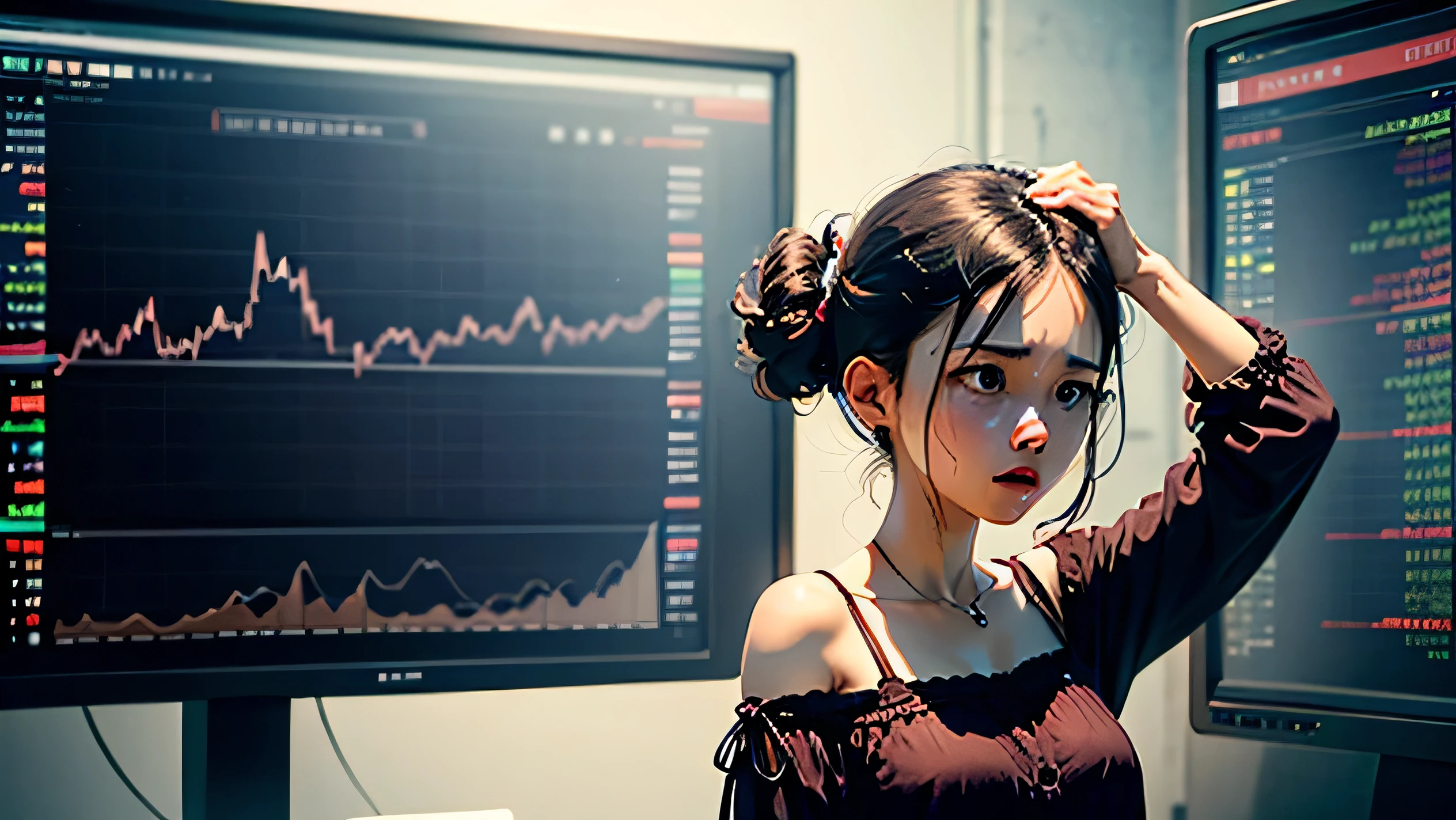 In the background, a full-screen exchange chart、A frustrated woman holding her head、The girl is standing with her head in her hands, the background of which is filled with candlestick charts of a major stock market crash、Ghibli

