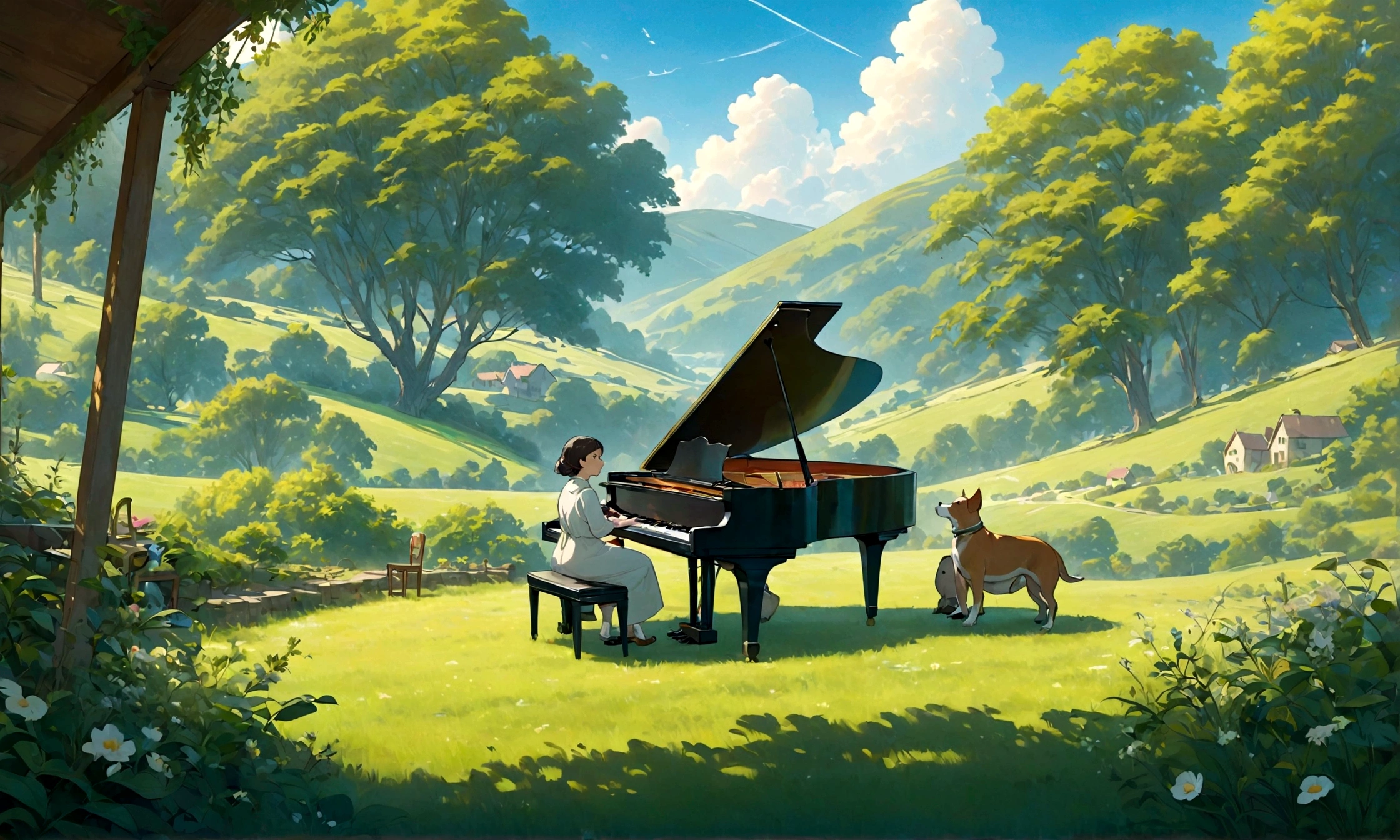 Create an image in a Studio Ghibli-inspired style featuring a dog sitting on a chair and playing a grand piano in a countryside setting. A human baby is nearby, listening to the music and visibly relaxing. The scene should include charming rural elements such as rolling hills, a clear blue sky, and lush greenery, evoking a sense of peacefulness and natural beauty. The overall atmosphere should be whimsical and serene, capturing a moment of happiness and tranquility.