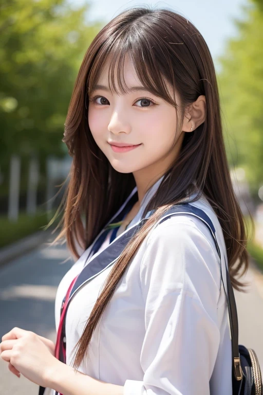 Produce the highest quality and highest resolution 8K images。The model is a 20-year-old Japanese woman.。The image depicts a scene of taking commemorative photos at a tourist spot.。she、Smiling and posing for the camera。She has brown eyes and a model-like figure、She has an idol-level cute face.。The hair is wavy。Skin has a healthy color。Clothes、I&#39;m wearing early summer clothes。