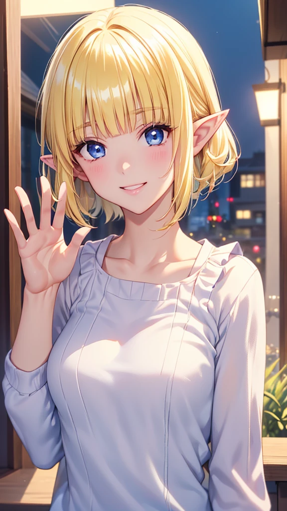 Very close、((Focus on the upper body))、16k、masterpiece、High resolution、High resolution、((****ung elven female))、((Beautiful shiny white skin))、((Beautiful blonde))、short hair、((Beautiful Blue Eyes))、((Pointy Ears))、Smiling Kindly、Grin、blush、Pink Lip Gloss、Shiny skin、((Cute summer sweater with ruffles))、((In a crowded city at night))、Look at me、((Waving to the camera))