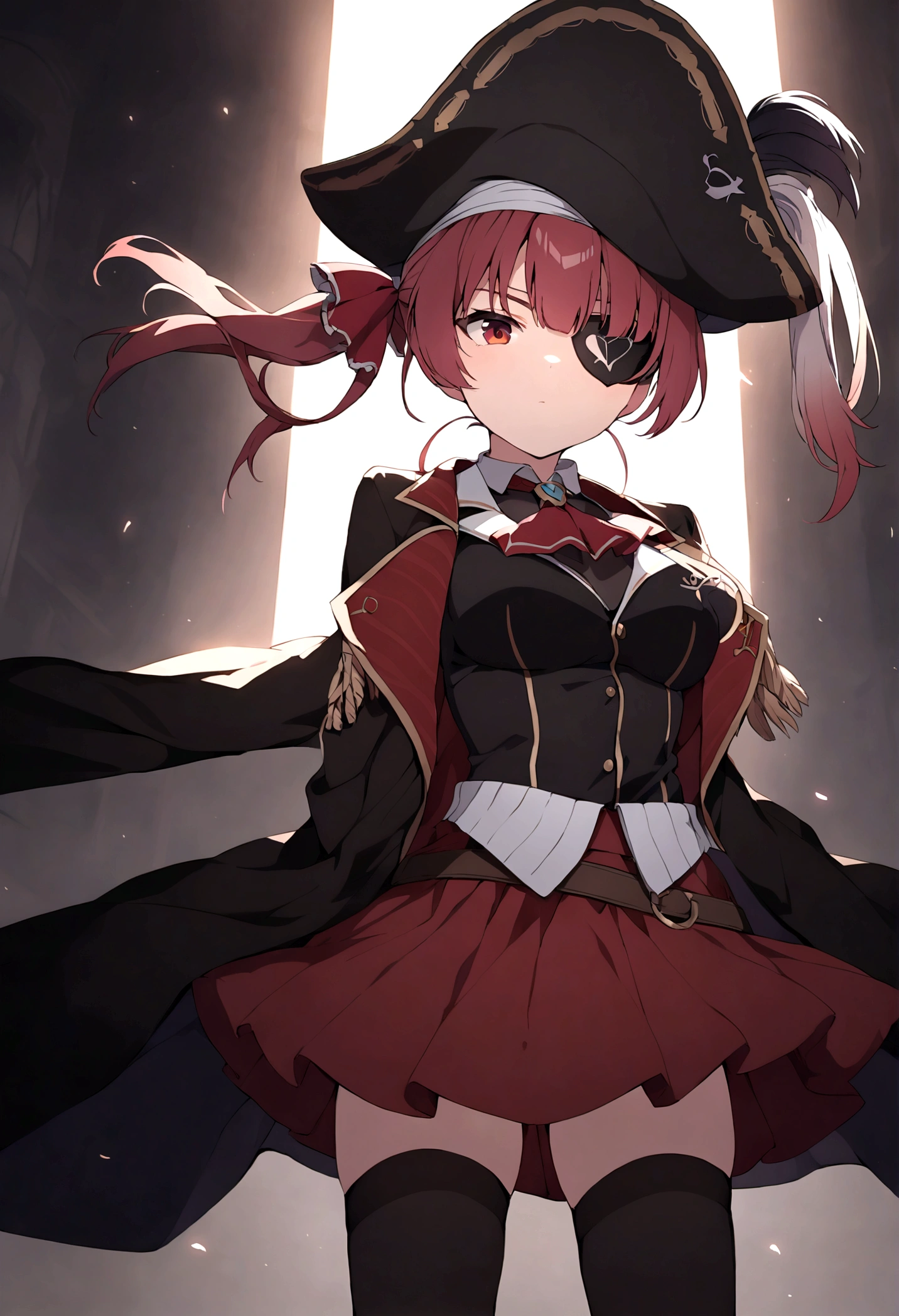 hair ribbon, red ascot, red skirt, belt, leotard under clothes, black leotard, black thighhighs, black coat, pirate hat, eyepatch, red eyes, long shot