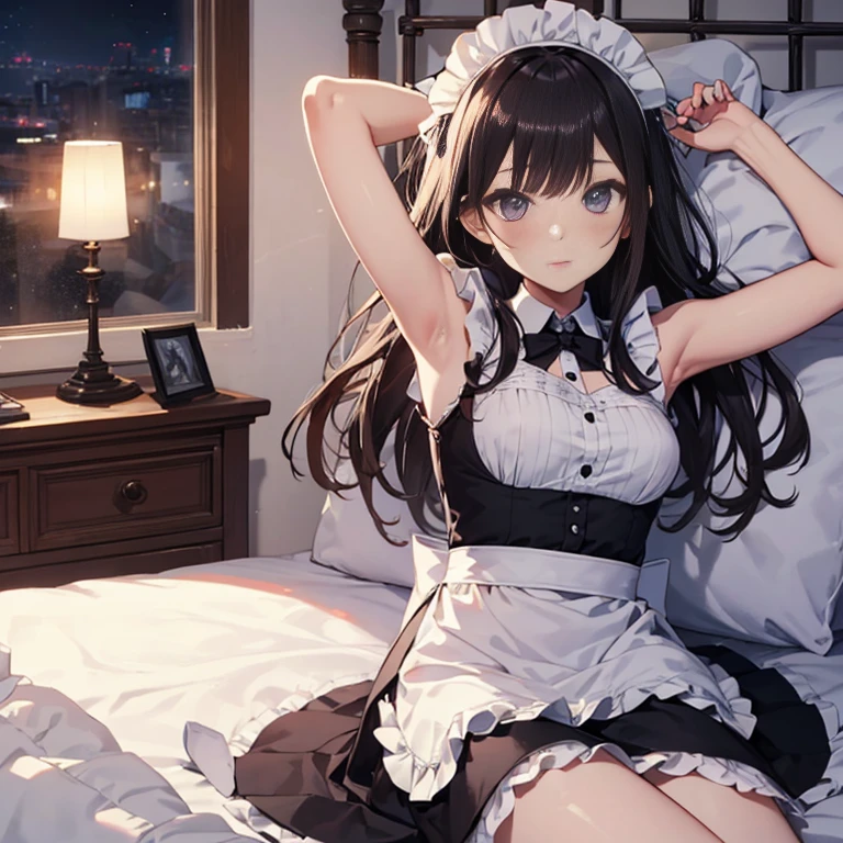 A maid, (in bedroom), various hair styles, night, details face, short skirt, seducing, sleeveless, maid uniform, armpits, laying on bed