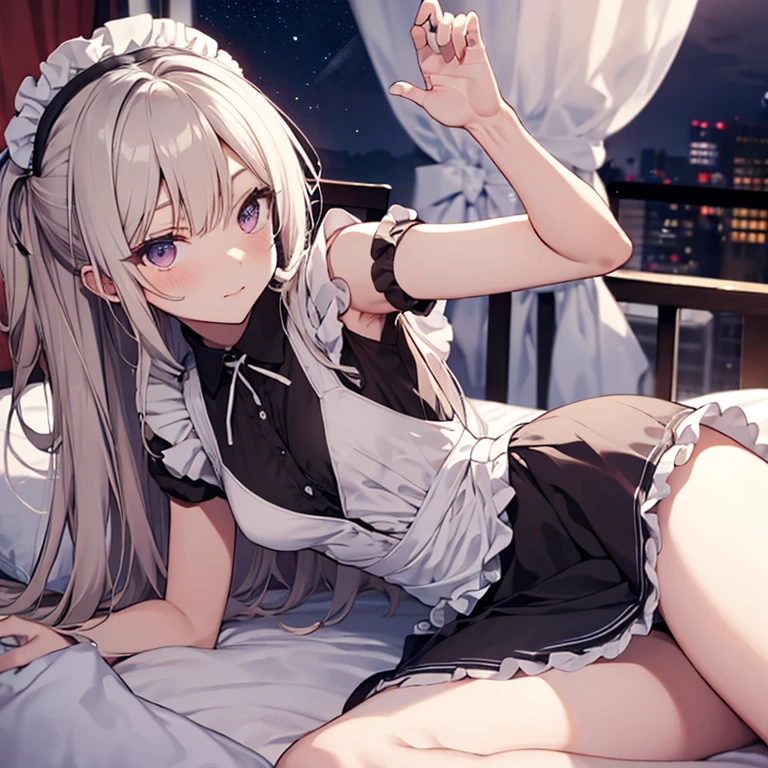 A maid, (in bedroom), various hair styles, night, details face, short skirt, seducing, sleeveless, maid uniform, armpits, laying on bed