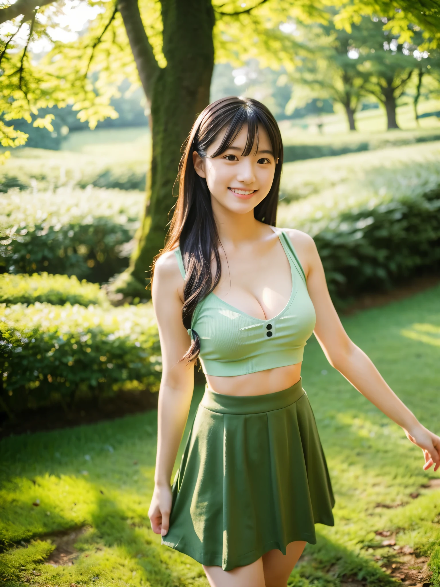 cute,  アイドルのようにcute16歳少女、Smiling Kindly、height: 150cm、Small breasts、Tank top、Cleavage、Tight mini skirt、Forest Park、Natural light、(Full body portrait)、RAW Photos、Genuine、live-action、realism、masterpiece、RAW Photos、High resolution、