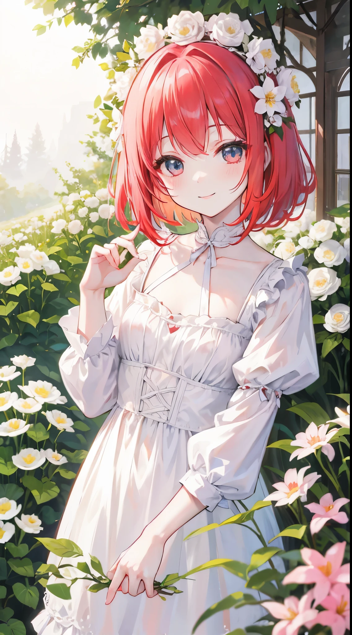 pale red hair、girl、Bob Hair、Small breasts、White flower、Innocence、cute、smile、garden