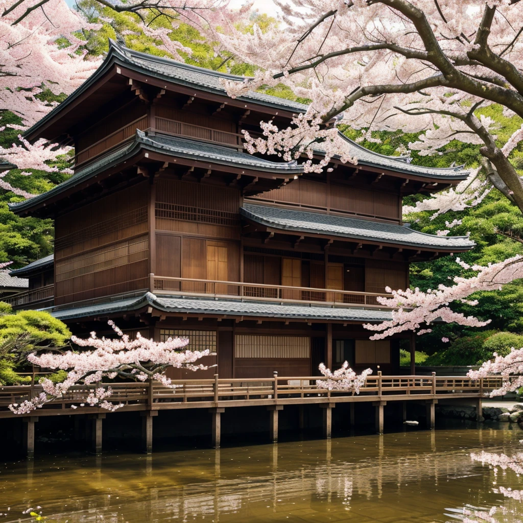 A beautiful Japanese wooden house stands gracefully beside a peacefully flowing river. The house features traditional architecture with sliding shoji doors and a gently sloping roof. Next to the house, a vibrant pink cherry blossom tree is in full bloom, its delicate petals scattering across the lush green grass ground. The scene is captured with a close look at the house, showcasing its wooden details and serene setting, while also slightly focusing on the cherry blossom tree, highlighting the intricate beauty of the blossoms. 