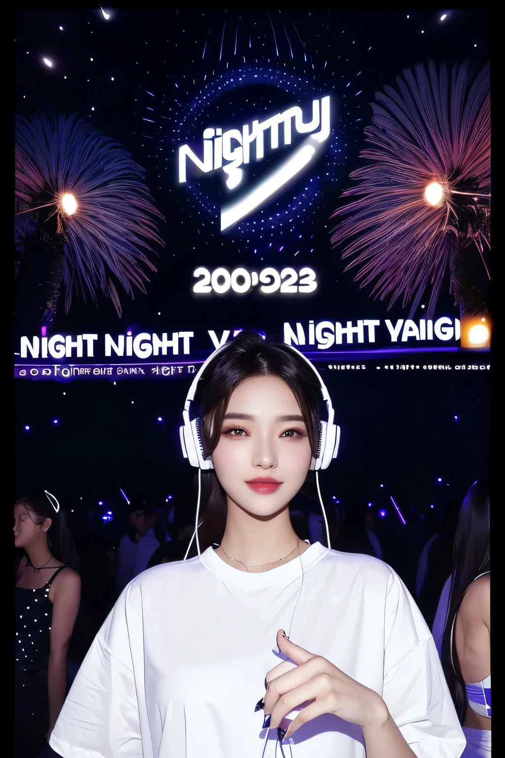 Party poster with beautiful woman in white shirt and headphones, summer festival night, DJ rave party, ((((((((night)))))))) day time, pool party, night, disco party, DJ at a party, summer night, DJ, DJ set, rave party, dance , Andy Park, 2024, 2 0 2 4,