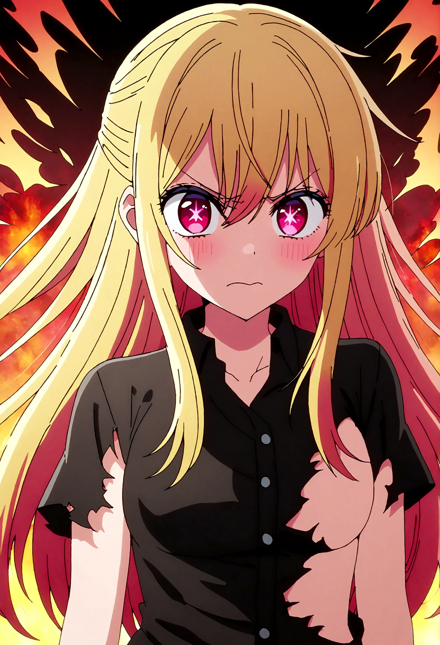 hoshinoruby, star-shaped pupils, ruby_hoshino, blonde hair, bangs, 1girl, pink eyes, long hair, looking at viewer, Disgusted Look, Clothes are chopped up and angry, Torn clothes, glaring angrily,