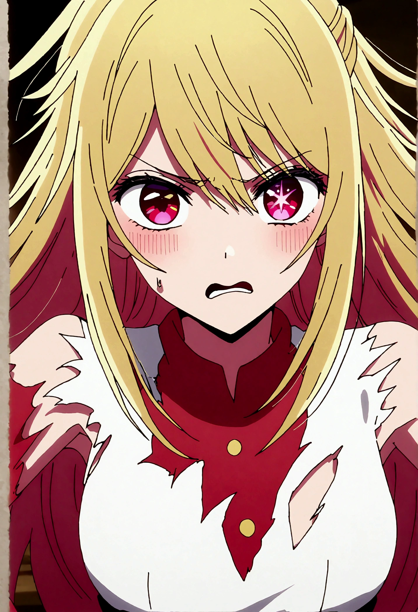 hoshinoruby, star-shaped pupils, ruby_hoshino, blonde hair, bangs, 1girl, pink eyes, long hair, looking at viewer, Disgusted Look, Clothes are chopped up and angry, Torn clothes, glaring angrily,