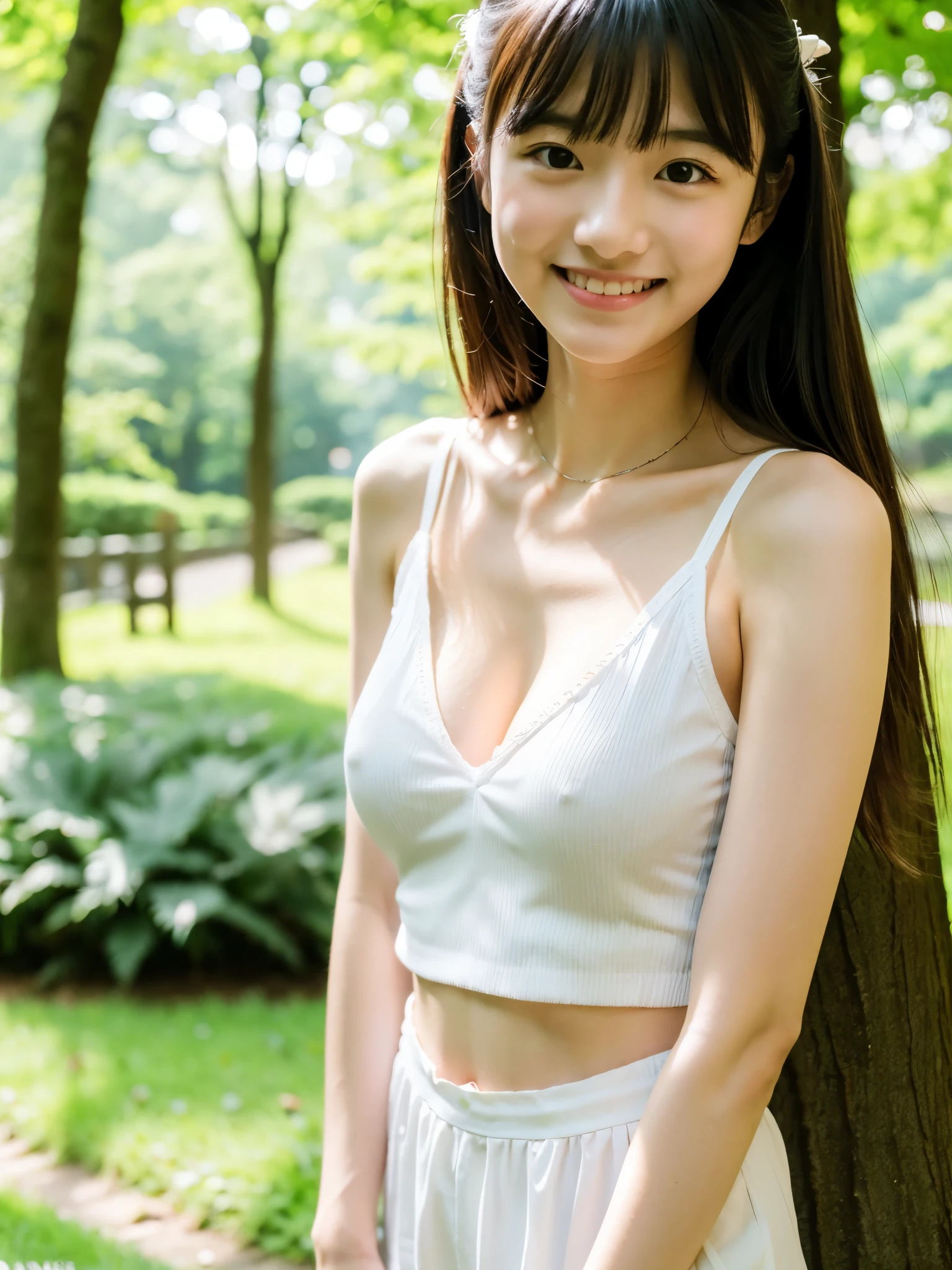 cute, アイドルのようにcute16歳少女、Smiling Kindly、height: 150cm、Small breasts、White thin fabric tank top、Cleavage、Forest Park、Natural light、RAW Photos、Genuine、live-action、realism、masterpiece、RAW Photos、High resolution