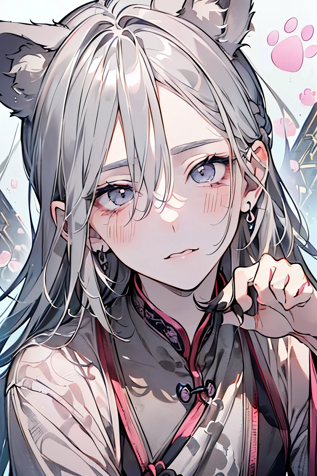 ,(((male:1.3))),((淡いgray hair:1.3)),(Shiny marble eyes:1.45),(forehead mark),(NSFW:1.15),((drooping dog ears:1.2)),(A lustrous, soft face:1.4),((blush、Waiting for a kiss、Excited face:1.2)),((head down:1.3)),(Looking up:1.5),((POP and cute animal footprint background:1.25)),((Gorgeous Arabian costume:1.3)),(black、gray、white、pink),((paw pose:1.4))