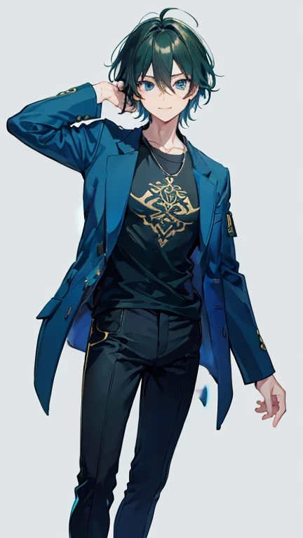 masterpiece,large breast:1.3 , huge hip:1.3,slender waist, full body,dark green medium hair,otoko no ko,Both have,male focus,1boy,solo,looking at viewer,jacket,long sleeves,smile,hair between eyes,pants,bangs,blue jacket,bike pants,simple background,blue eyes