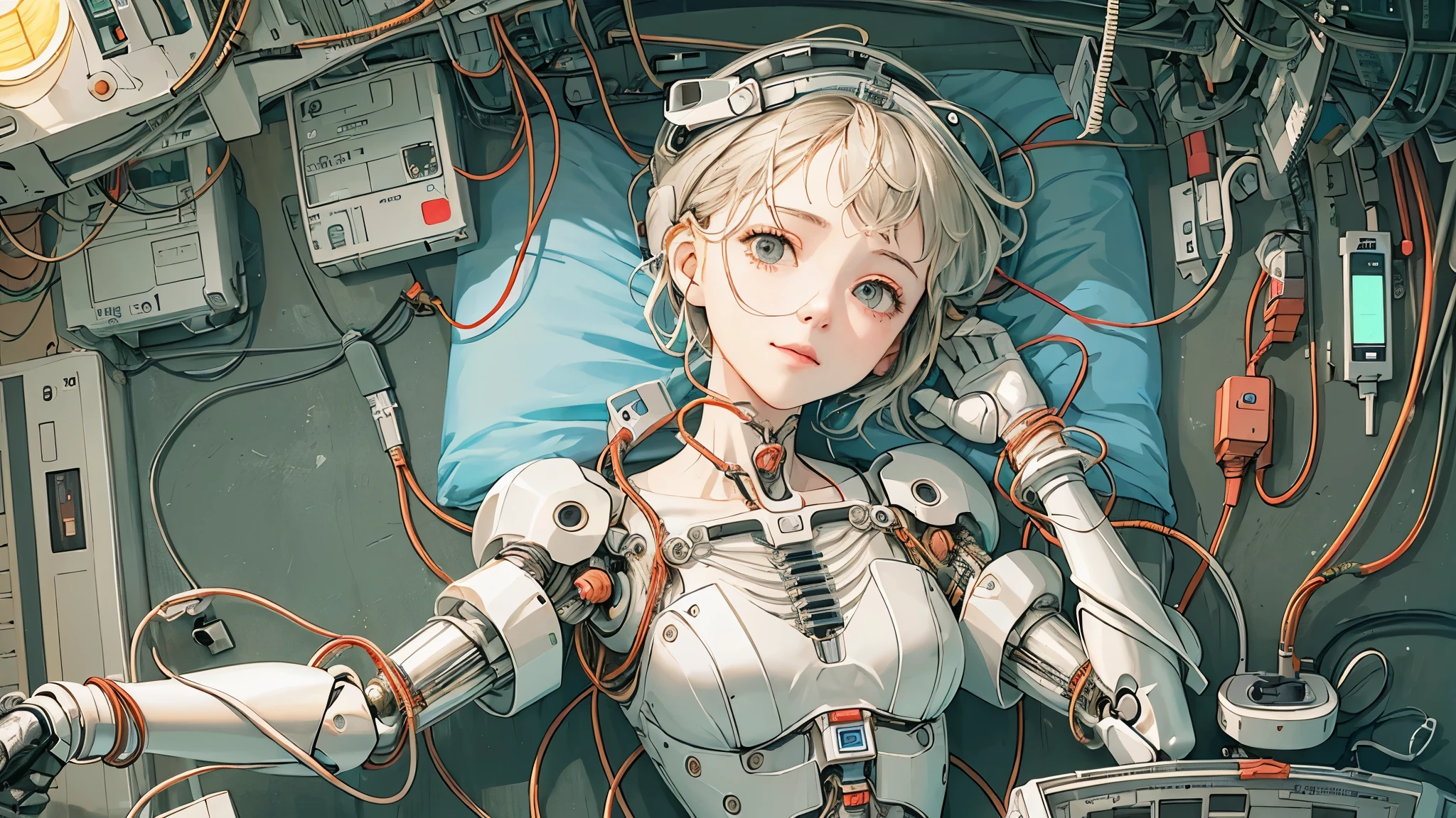(((masterpiece))), (((highest quality))), ((Very detailed)), (Highly detailed CG illustrations), ((Very delicate and beautiful)),(Cute and delicate face),Light,((1. Machine Girl)),alone,whole body,(Machine made joints:1.4),((Mechanical Limbs)),(Muscles bulge),(Blood vessels are connected to tubes),(Brain in a container:1.3),((Mechanical vertebrae attached to the back)),((Mechanical cervical vertebrae attached to the neck)),((Sitting)),poker face,(Wires and cables attached to head and body:1.5),Small breasts,short hair,(Character Focus),SF,Lying down