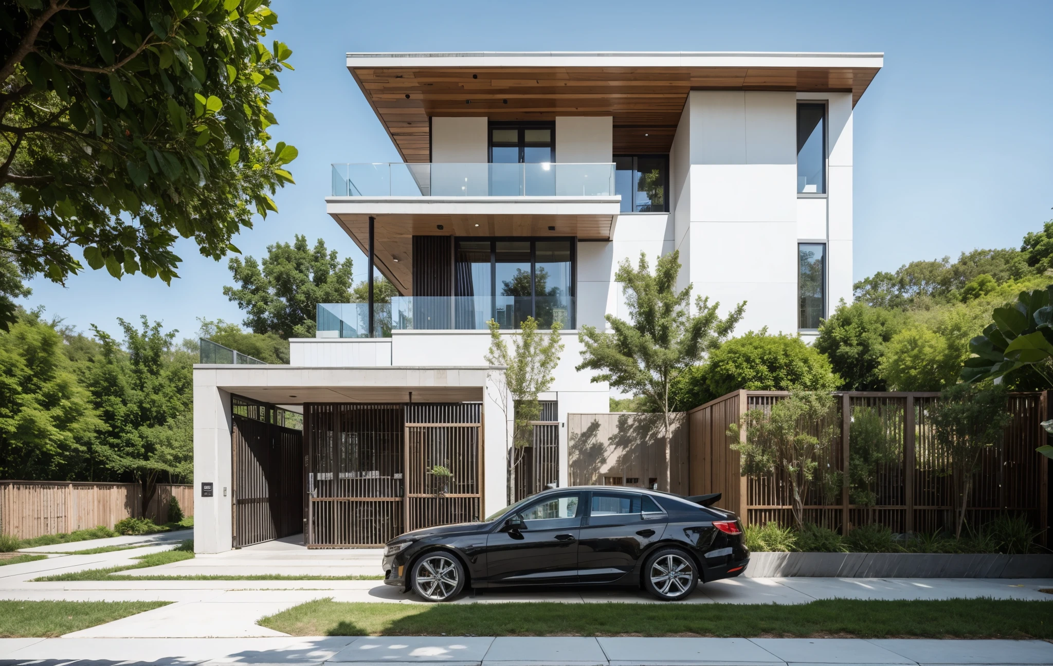 RAW photo of minimalist and modern one-story house, in the new residential area, (road), street, gate, facing the road, (sidewalk), sidewalk tree, Lotus pond and banana trees around, in the style of editorial photography, Canon EOS, ((realistic)), (Sharpen:1.4)
