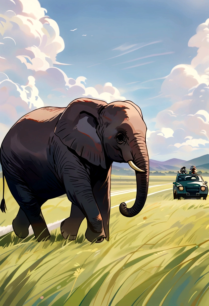 An elephant and a speeding car walk side by side across the endless grassland