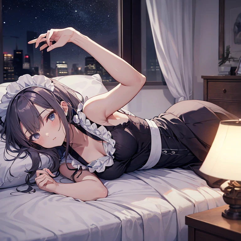 A maid, (in bedroom), various hair styles, night, details face, short skirt, seducing, sleeveless, maid uniform, armpits, laying on bed