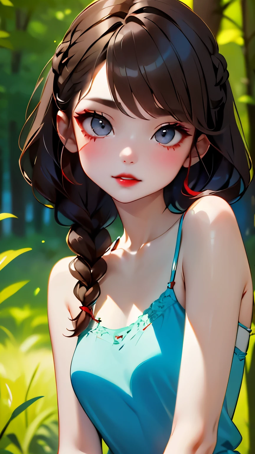 highest quality、masterpiece、Perfect Anatomy、Upper body from the knee up、One Girl、Cute Face、Red eyeshadow、Red lipstick、Red cheeks and nose、White skin、Grey Eyes、Brown Hair、Braided Hair、Highly detailed hairstyle、Camisole dress、Light blue dress、Blurred Background、Forest bathing、Promenade、High quality details、Portrait