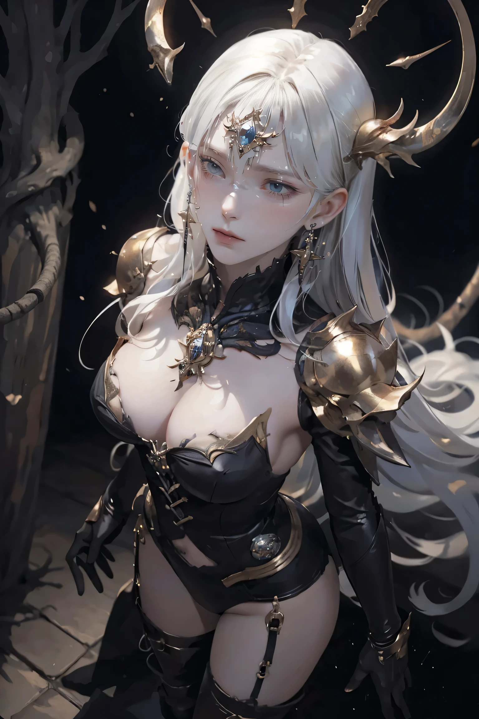 (((nsfw:1.0))),Large Breasts,Small waist,(From above:1.3),(From the side:0.8), ((face)), (close:0.9),8k, 4K, highest quality, (High resolution: 1.2), (amazing, Realistic, Photorealistic: 1.4), 18 year old girl、Beautiful face, She is smiling、(masterpiece, highest quality), Beautiful woman, Wizard Bikini Armor, gloves, Thigh-high boots, Wavy long hair, Asymmetrical bangs, Perfect face, Beautiful face, Charm, Big and beautiful eyes, strict, Perfect slim fit body, Mysterious Forest, Excellent lighting, Bright colors,Tight waist,(With sparkling eyes and a contagious smile), Very sexy pose",Her thin pubic hair, View Viewer,Gray Hair,(((Bitch、Gal、BitchGal、 sexy、thin、Slender body、Model Body Type、Heavy makeup, GAL Makeup)))、