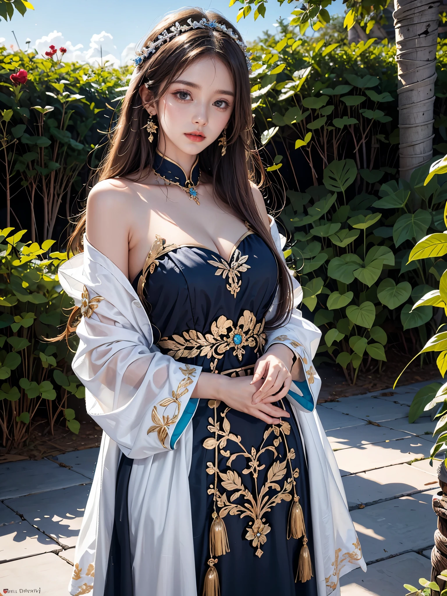 A stunning girl with long flowing brown hair stands in a field of wildflowers, con su vestido ondeando con la brisa. Ella mira directamente al espectador con penetrantes ojos marrones, sus labios ligeramente entreabiertos de una manera seductora. Her cleavage is visible through the deep neckline of her dress, adornado con delicadas joyas y aretes. El cielo de arriba es de un azul vibrante, which adds to the dreamlike atmosphere of the scene. The background is slightly blurred, drawing all attention to the captivating girl in the foreground.