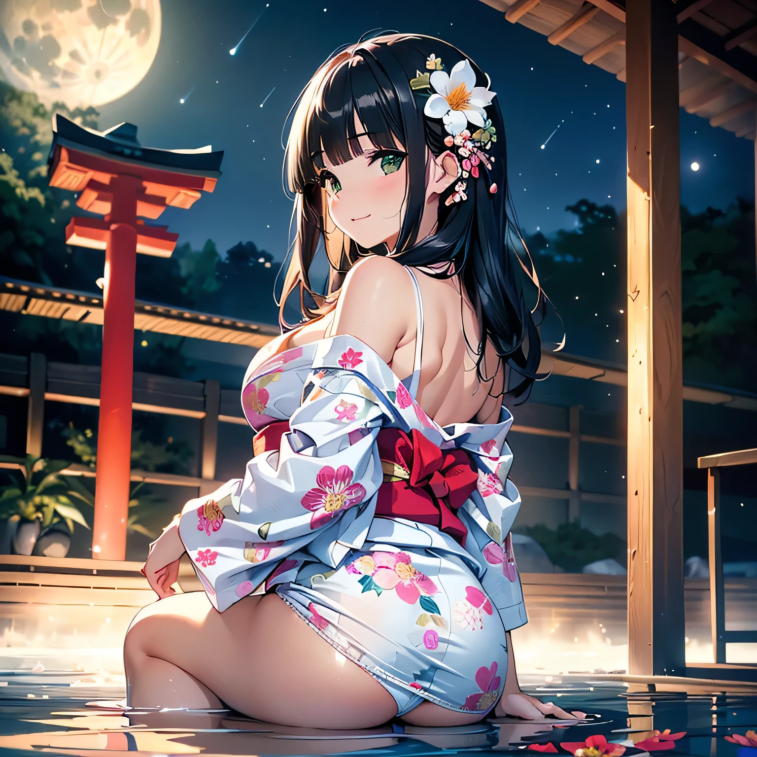 ((panty shot)),((lifting skirt)),((white beautiful panties focus)),Vulgar,low angle,from below, cleavage,(( looking back at the viewer)),
(looking back at the viewer),full body,low angle,from below,♥(japanese flower printed yukata),(bathing in the spa), ((1girl,cute,young,Semi long beautiful black hair,blunt bangs,beautiful green eyes)),(solo),((masterpiece, highest resolution,best quality)), ((realistic:1.5,Beautiful girl RAW photo)), (bathing in the spa),(japanese flower printed yukata),  innocent smile,cinematic lighting,beautiful outside open spa, rocks,natural beauty,full moon,night sky
