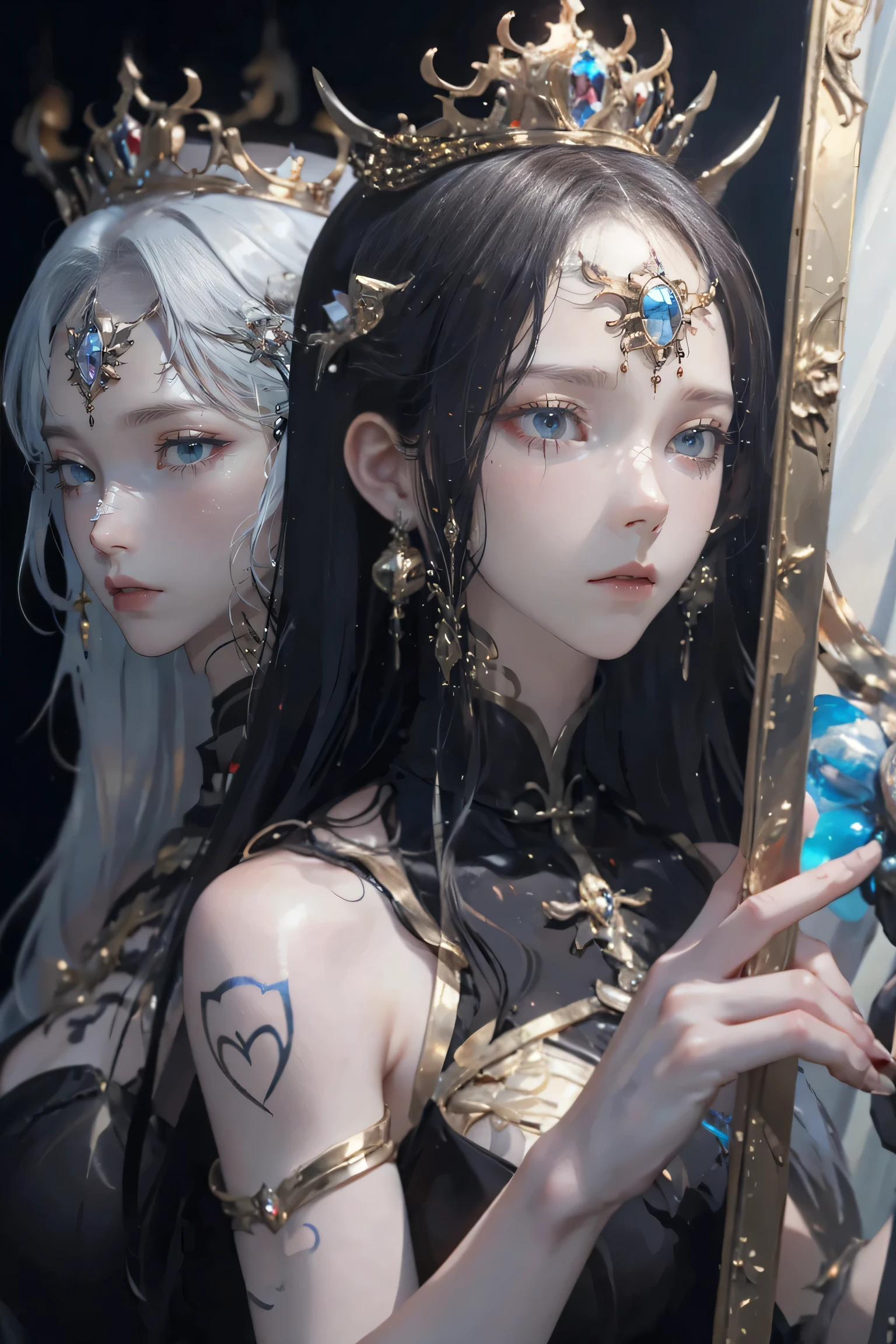 Game Art，CG Animation，Best image quality，Maximum resolution，8k，(Half-body photo)，(Portraiture)，(Head close-up)，(Three-part method)，Unreal Engine 5 Rendering，20-year-old girl，((Queen))，The eyes are very detailed，(Big Breasts)，Elegant and noble，Cinema Lighting，Ray Tracing，Game CG，((3D Unreal Engine))，OC Rendering Reflection Mode，4K，Ultra Clear，Translucent lace，White skin and plump figure，Pretty face，Glossy gel coat，The Queen in a luxurious dress，Put your hands behind your back，Body Tattoo Designs，The tattoo is very delicate，The chest tattoo is made in China(The Chinese write::：hell)，Hands on hips,Full Body Shot, Centered,High heels