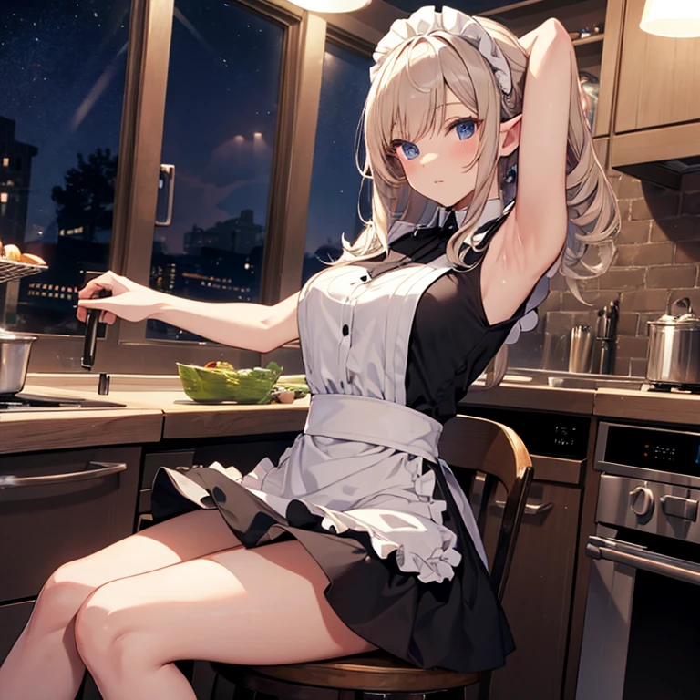 A maid, (in kitchen), various hair styles, night, details face, short skirt, seducing, sleeveless, maid uniform, armpits, elf