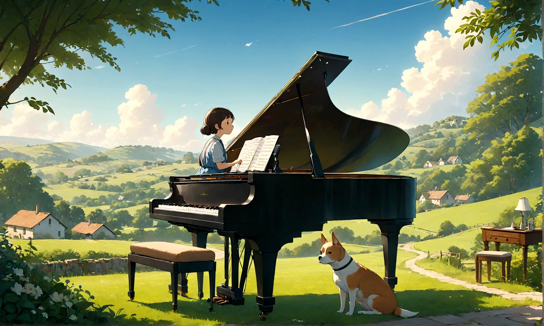 Create an image in a Studio Ghibli-inspired style featuring a dog sitting on a chair and playing a grand piano in a picturesque countryside setting. A human baby is nearby, listening to the music and visibly relaxing. The scene should include charming rural elements such as rolling hills, a clear blue sky, and lush greenery, capturing the essence of a peaceful and idyllic countryside. The overall atmosphere should be whimsical and serene, reflecting a moment of happiness and tranquility.