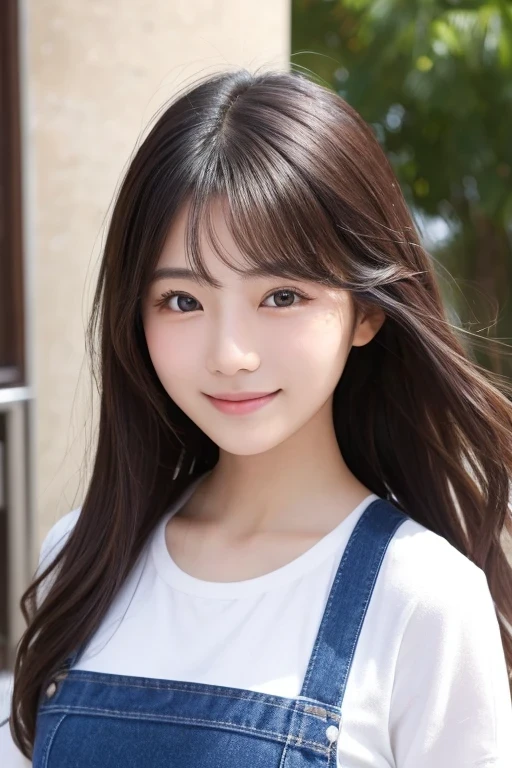 Produce the highest quality and highest resolution 8K images。The model is a 20-year-old Japanese woman.。The image depicts a person smiling at the camera and taking a commemorative photo at a tourist spot.。Draw the upper body of the model。She has brown eyes and a model figure.、She has an idol-level cute face.。The hair is wavy。Skin has a healthy color。Clothes、I&#39;m wearing early summer clothes.。