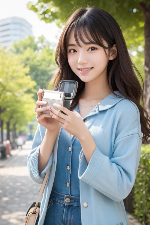 Produce the highest quality and highest resolution 8K images。The model is a 20-year-old Japanese woman.。The image depicts a person smiling at the camera and taking a commemorative photo at a tourist spot.。Draw the upper body of the model。She has brown eyes and a model figure.、She has an idol-level cute face.。The hair is wavy。Skin has a healthy color。Clothes、I&#39;m wearing early summer clothes.。