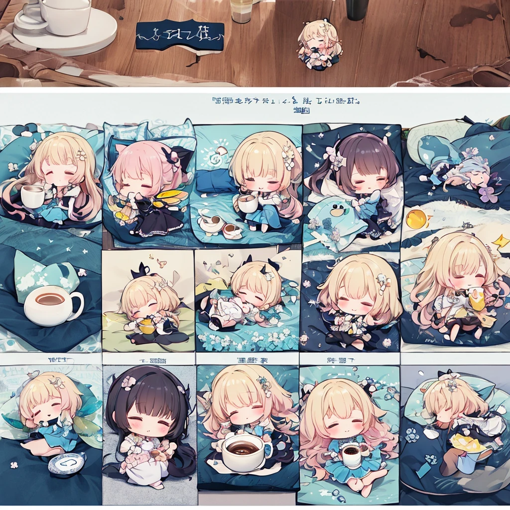 Little fairy、Living in a coffee cup、highest quality、masterpiece、Official Art、16k、so beautiful、Very detailed、Ultra-fine、Confused、A warm, pastel-colored world、Cute and fluffy、Chibi sleeping in a coffee cup、Close your eyes and take a nap.、