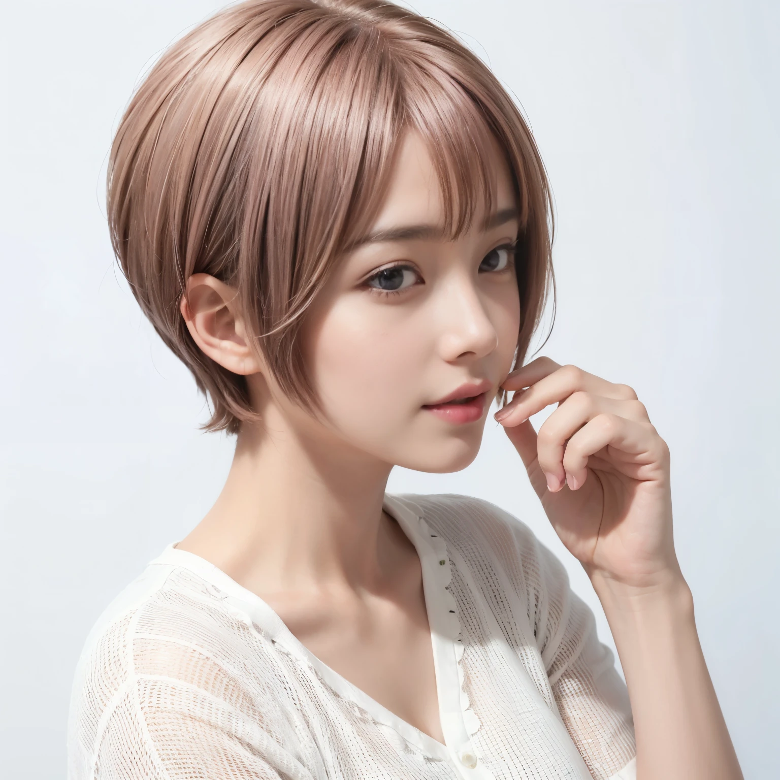 85 (Tabletop),High resolution、masterpiece、highest quality、Super detailed, In detail,In 8K,Sharp focus、profile、Look Down、(20-year-old girl), (Surreal),, ((short hair:1.46)),(Brown Hair) (Pink Hair Color), (A kind smile), (Beautiful Skin),White background、Beautiful Eyes, White casual shirt,Big Natural Color Lip、Lip gloss,Harajuku、cute、((Don't look at the audience:2.5))、