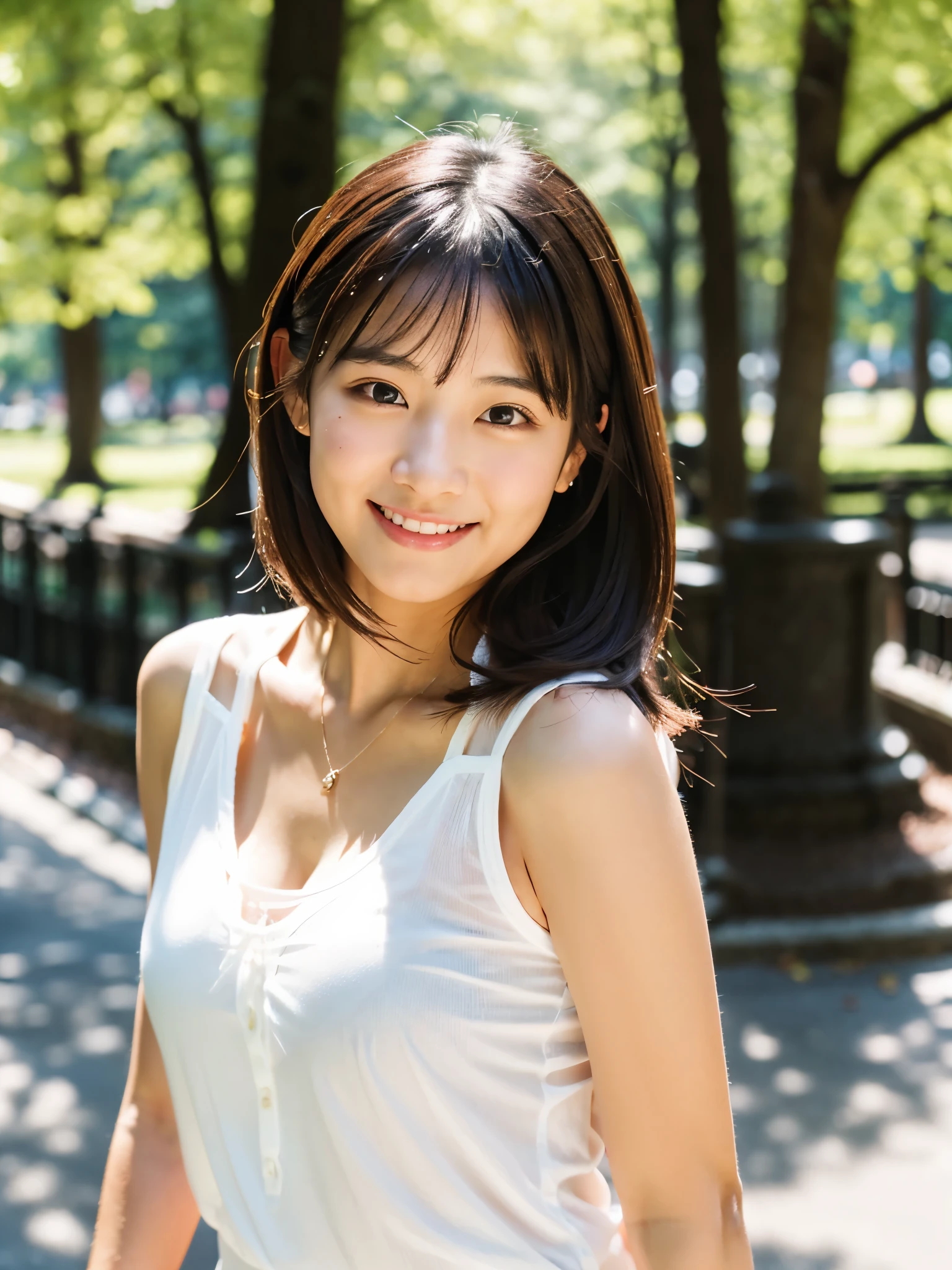 cute, アイドルのようにcute16歳少女、Smiling Kindly、((She is short, 150cm tall.))、(Medium sized breasts)、((White transparent blouse))、Cleavage、Forest Park、Natural light、RAW Photos、Genuine、live-action、realism、masterpiece、RAW Photos、High resolution
